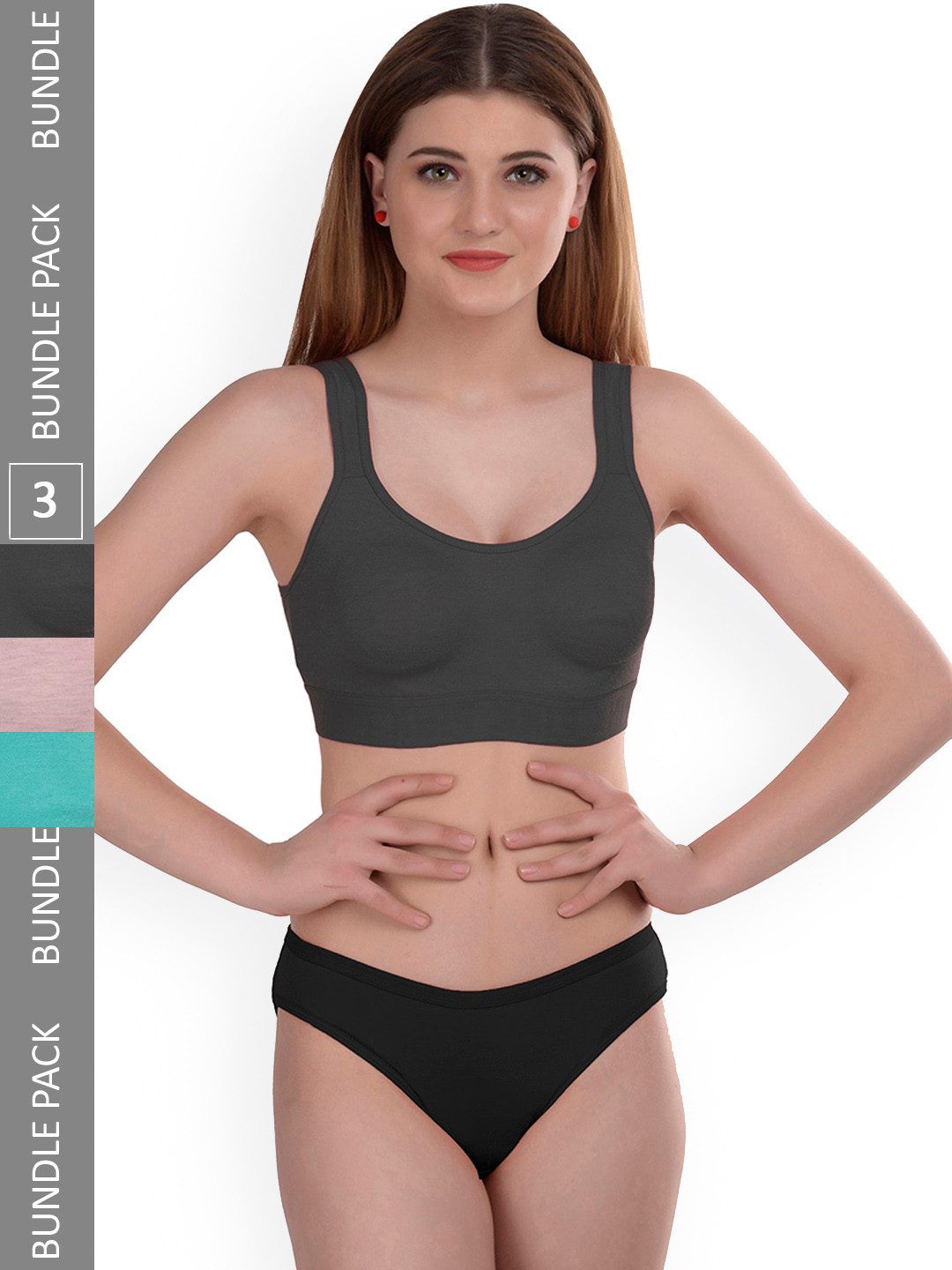 AROUSY Pack of 3 Non-Wired Cotton Lingerie Set Gayla Set_Grey,Blue,Brown_40