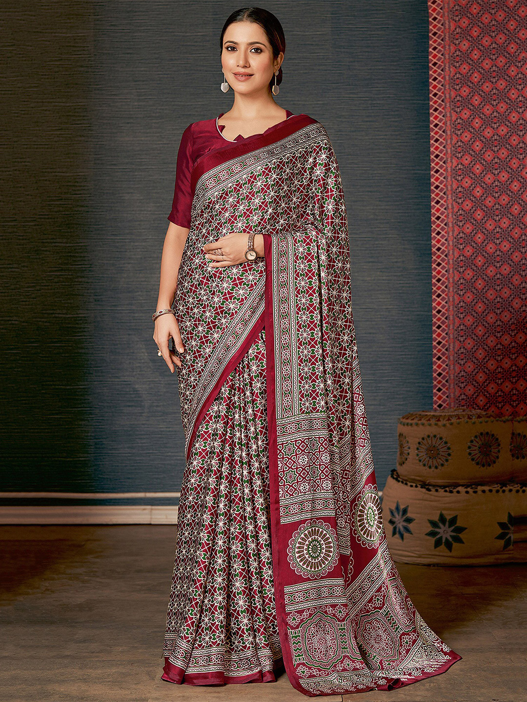 Saree mall Maroon & White modal Ajrak Block Printed SareesWith Blouse Piece