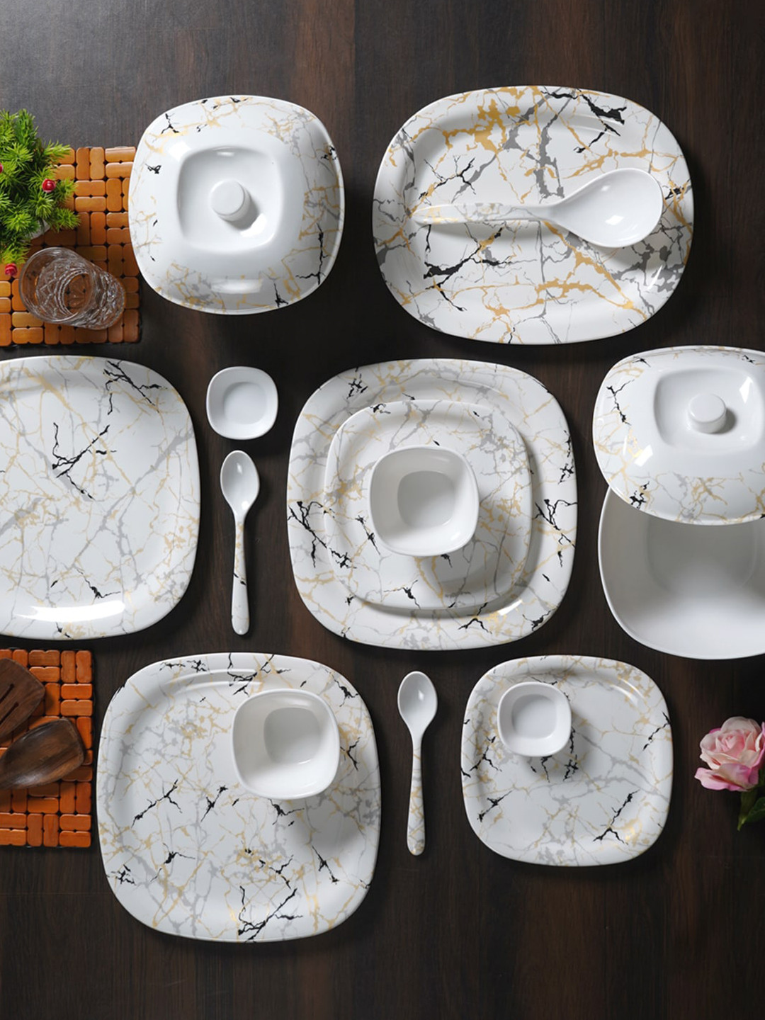 CDI White Marble Melamine Dishwasher and Microwave Safe 46 Piece Dinner Set
