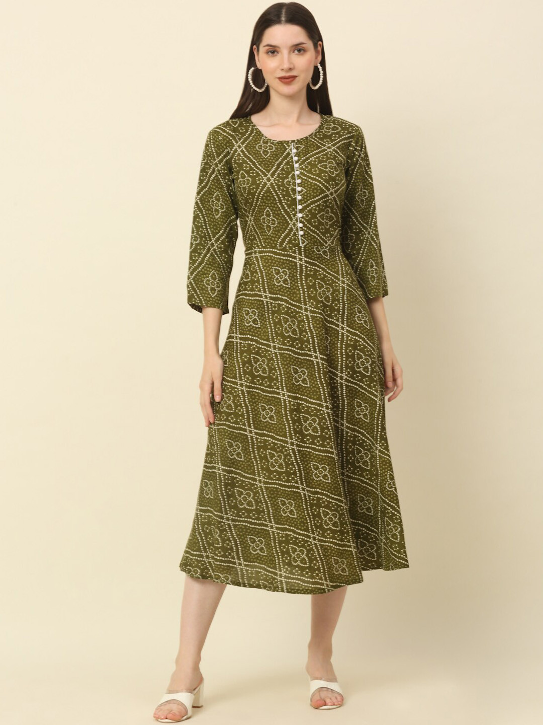 Anouk Olive Green Bandhani Printed Pure Cotton A-Line Ethnic Dress