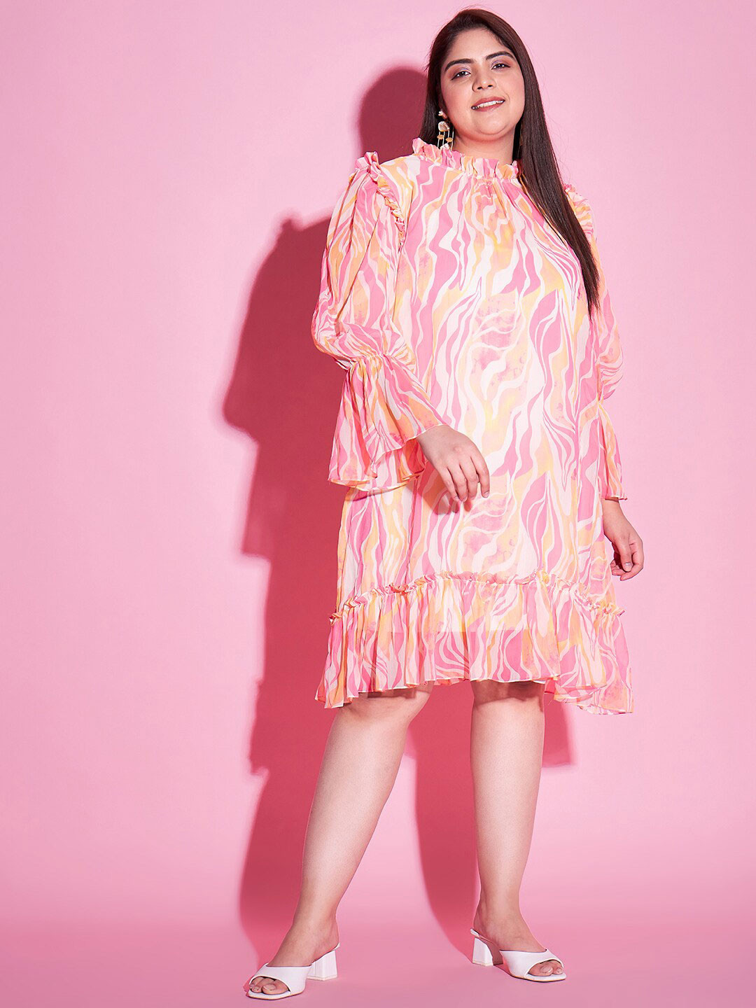 Athena Ample Plus Size Abstract Printed Bell Sleeves Ruffled A-Line Dress