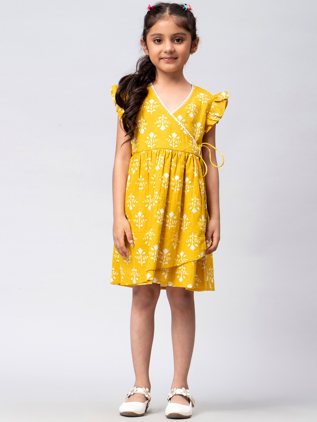 HERE&NOW Girls Yellow Ethnic Printed Warp Dress