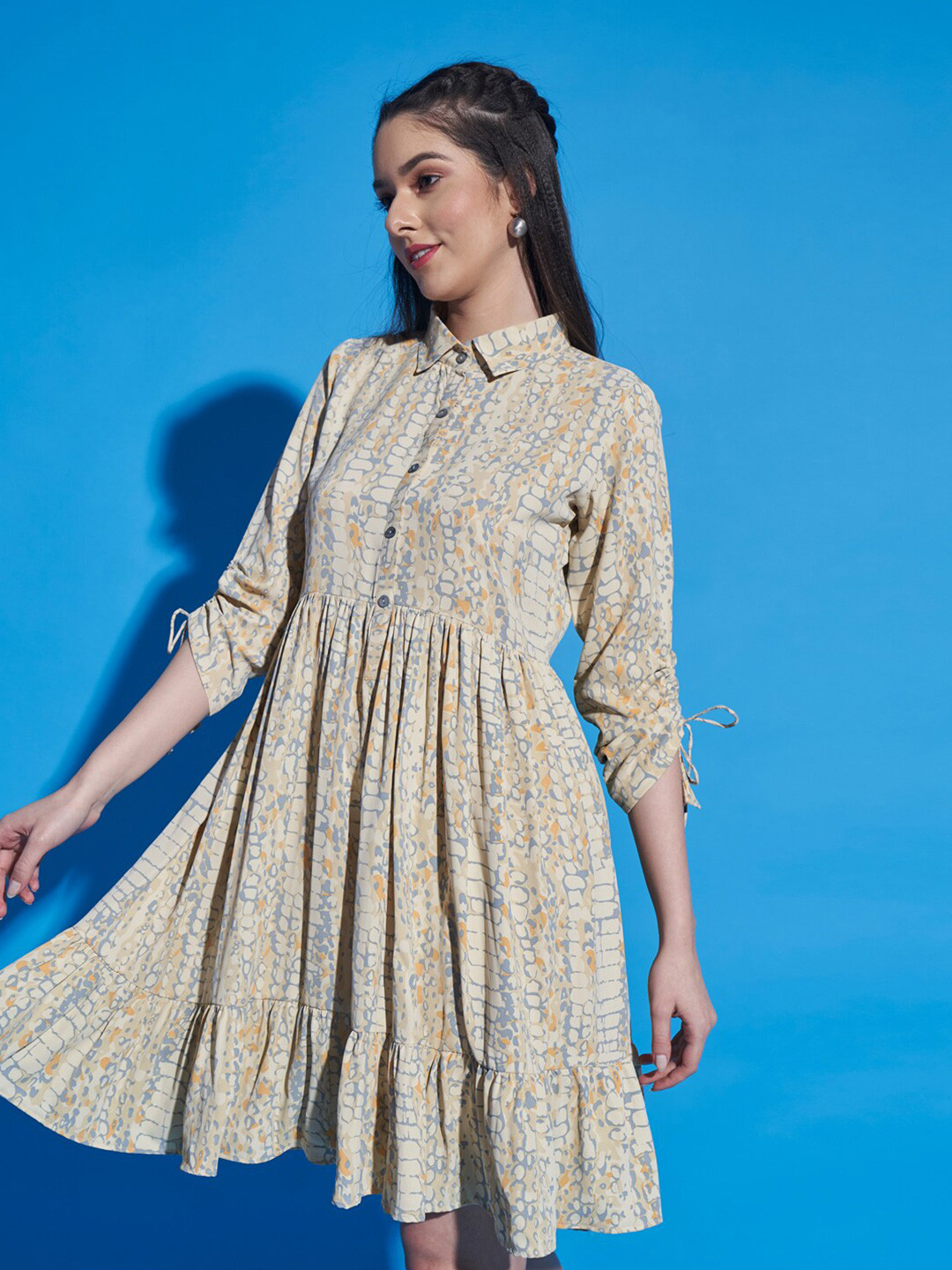 DressBerry Beige Abstract Printed Shirt Collar Tiered Fit & Flare Dress