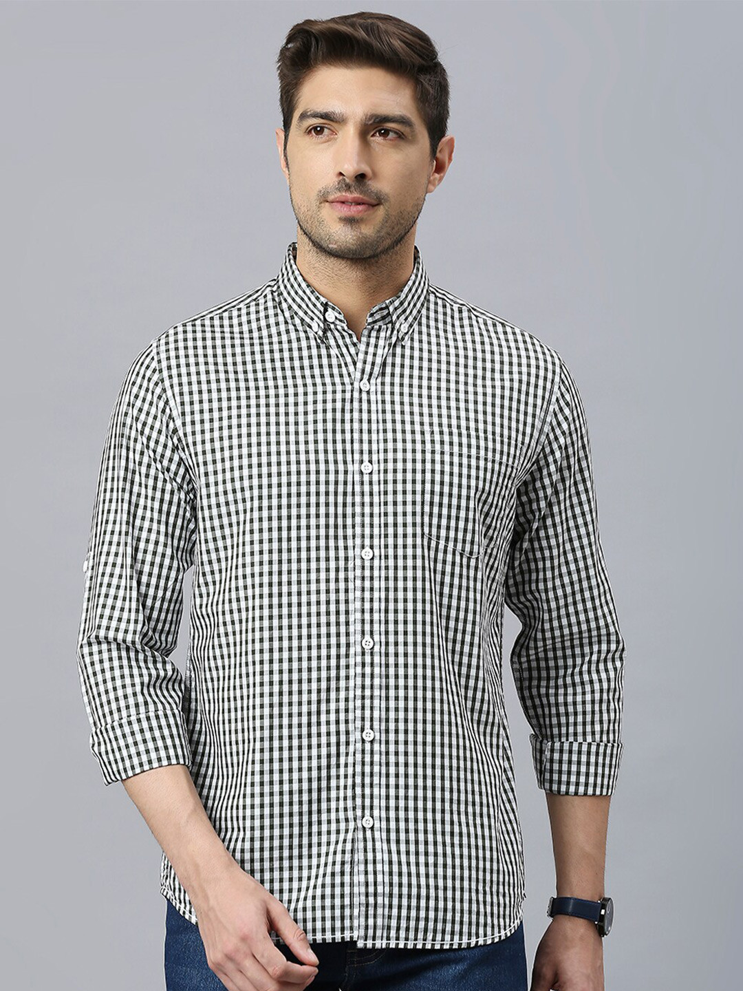 HERE&NOW Olive Green Classic Slim Fit Gingham Checked Button-Down Collar Pure Cotton Shirt