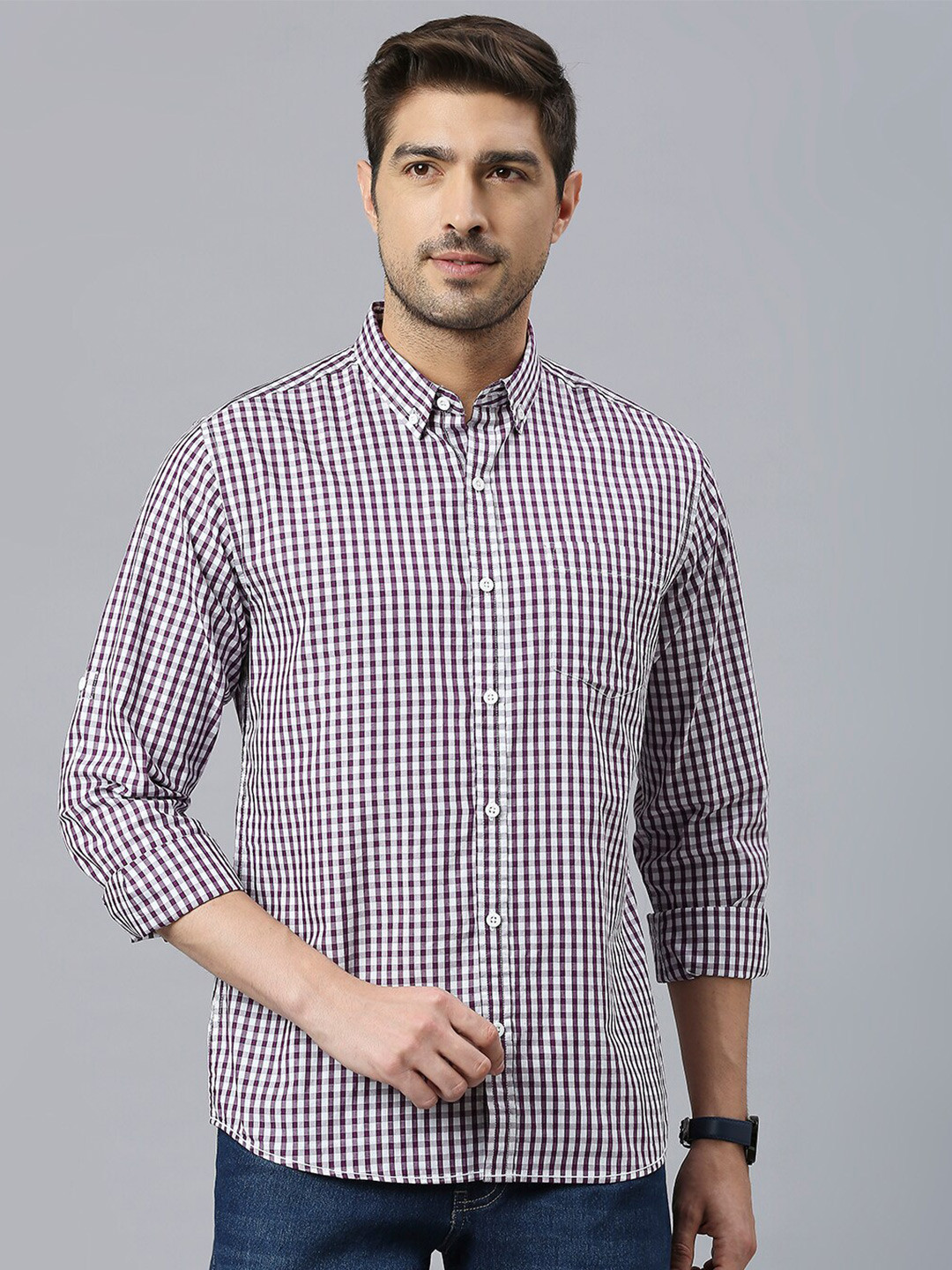 HERE&NOW Purple & White Classic Slim Fit Gingham Checked Cotton Casual Shirt