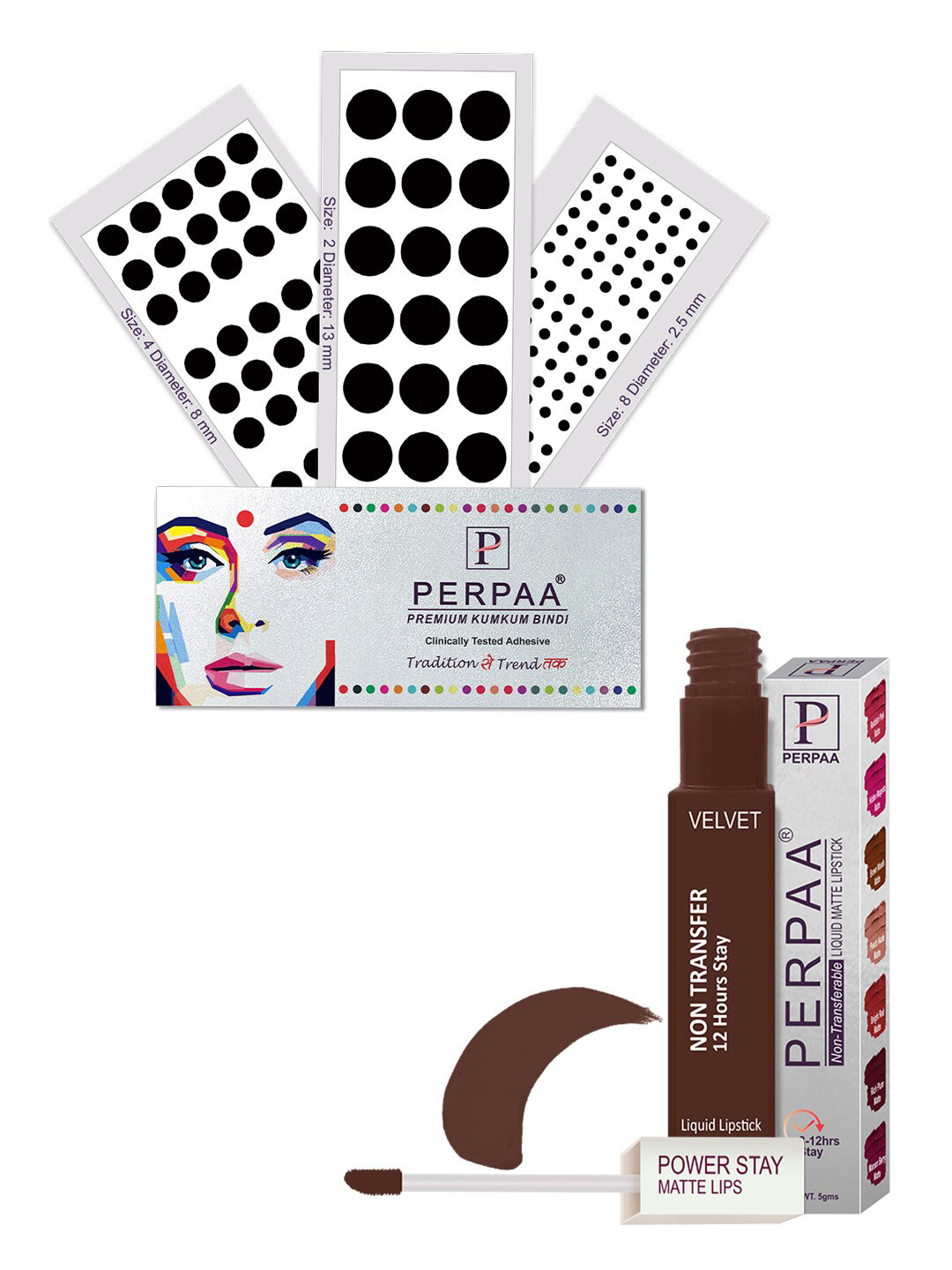 PERPAA Power Stay Non Transfer Lipstick-16 & Set of 3 Premium Black Bindis - Size 02,08,04