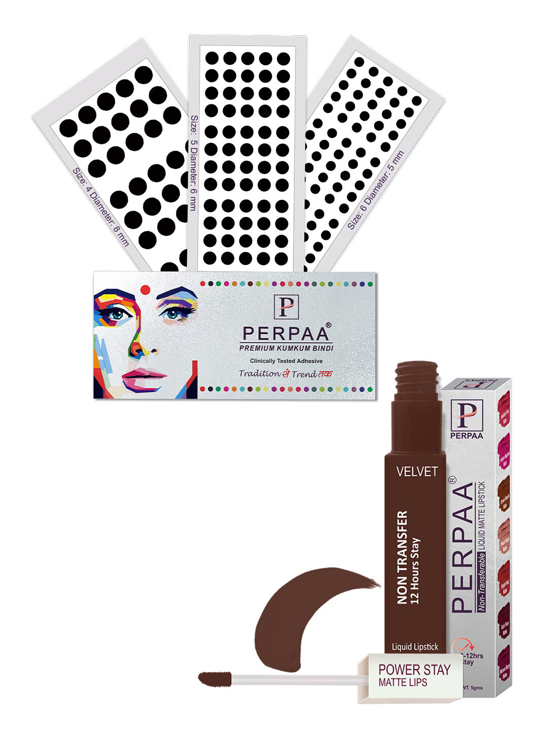PERPAA Power Stay Non Transfer Lipstick-16 & Set of 3 Premium Black Bindis - Size 04,05,06