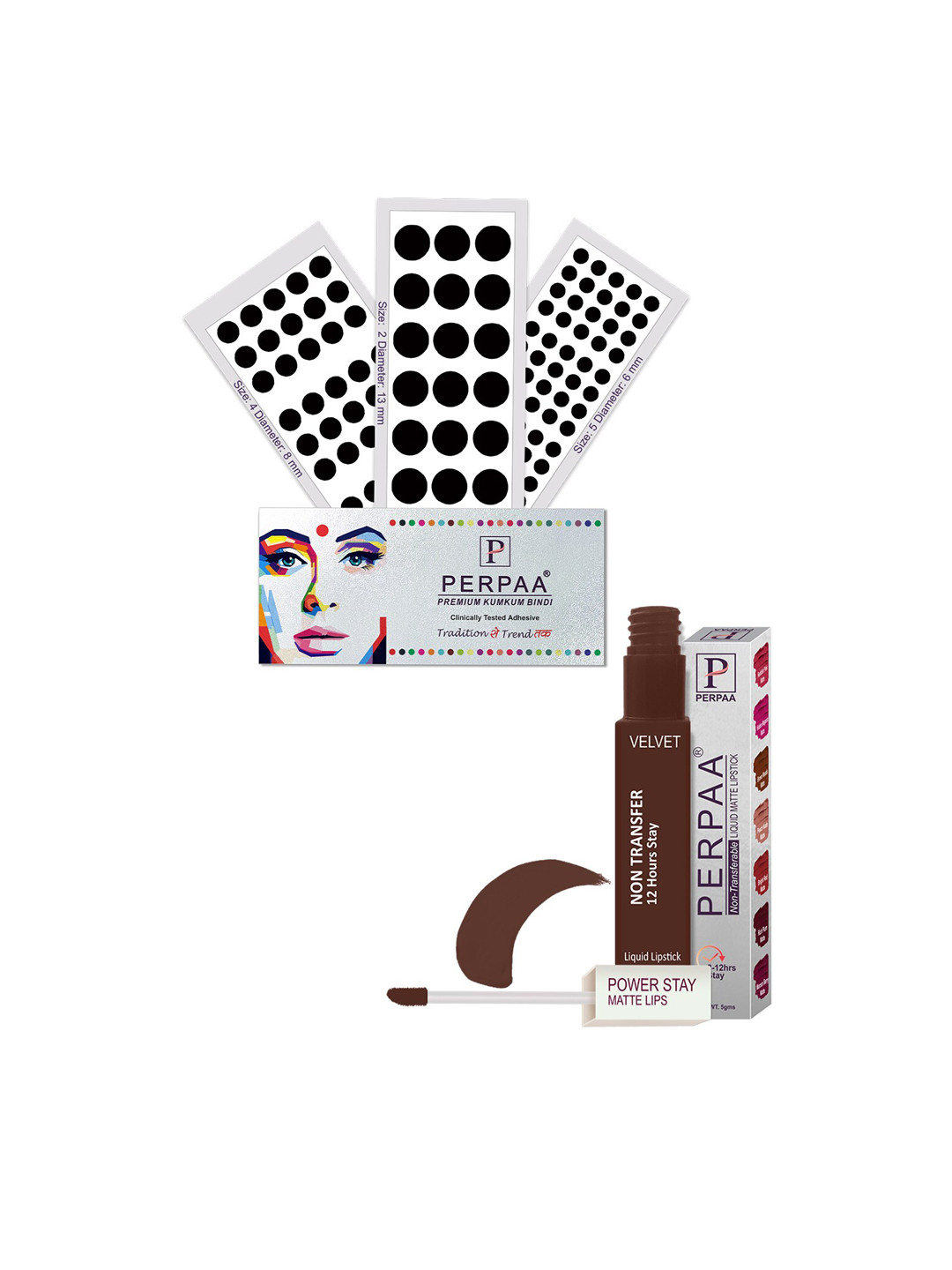 PERPAA Power Stay Non Transfer Lipstick-16 & Set of 3 Premium Black Bindis - Size 02,05,04