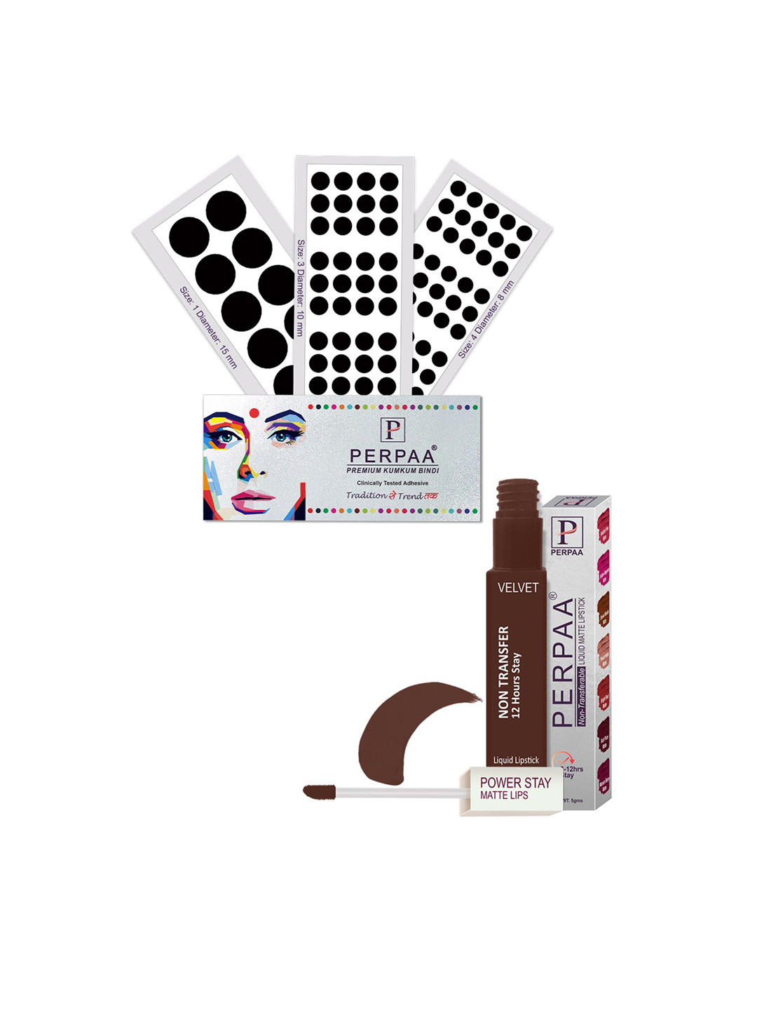 PERPAA Power Stay Non Transfer Lipstick-16 & Set of 3 Premium Black Bindis - Size 01,03,04