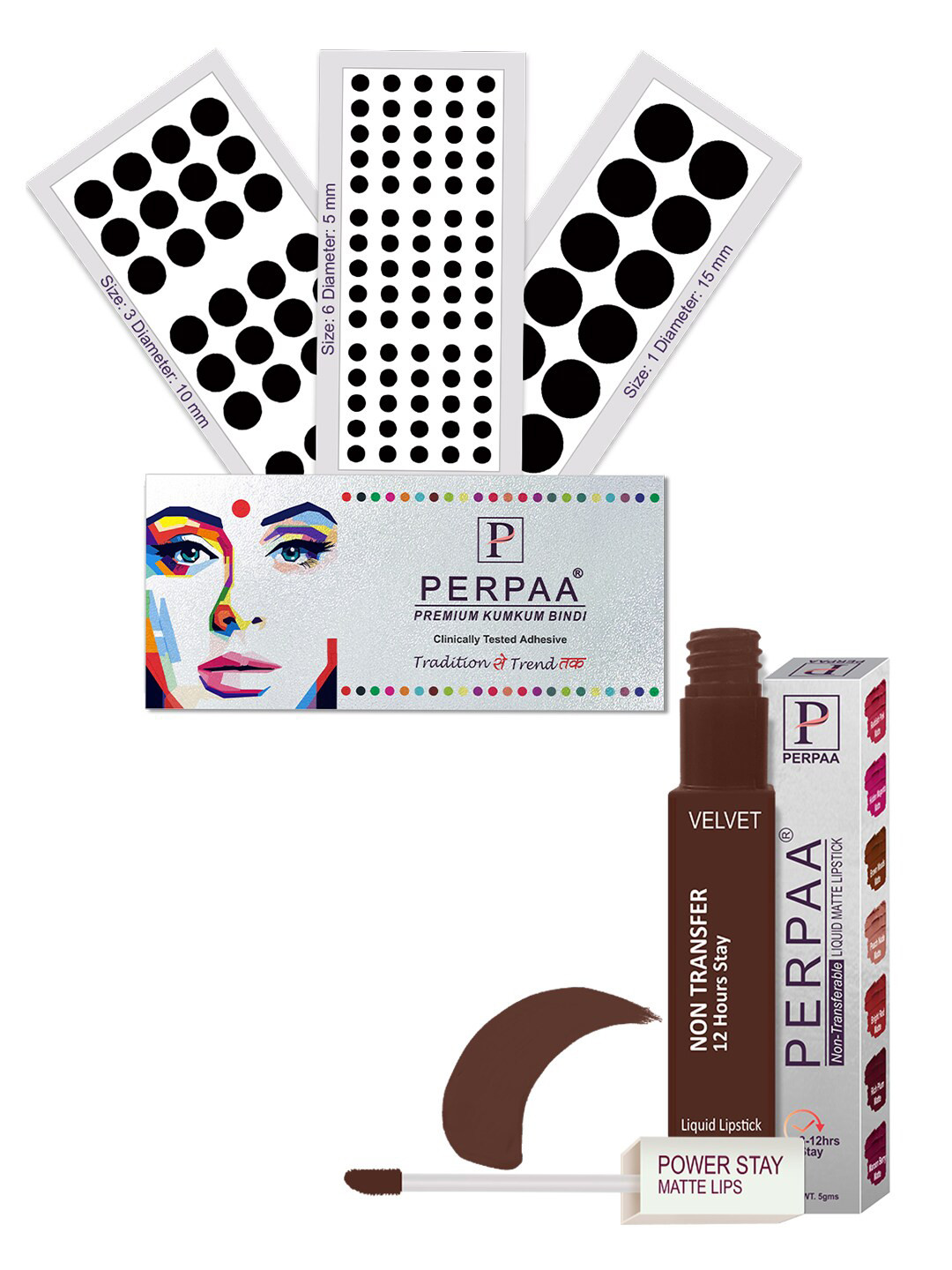 PERPAA Power Stay Non Transfer Lipstick-16 & Set of 3 Premium Black Bindis - Size 01,03,06