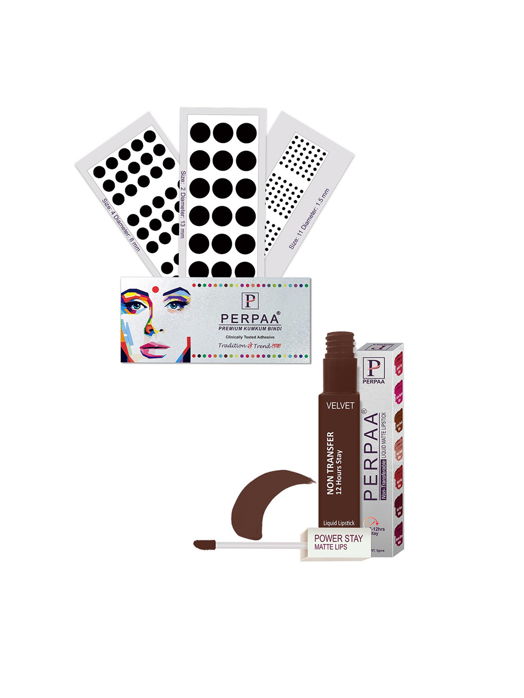 PERPAA Power Stay Non Transfer Lipstick-16 & Set of 3 Premium Black Bindis - Size 02,11,04