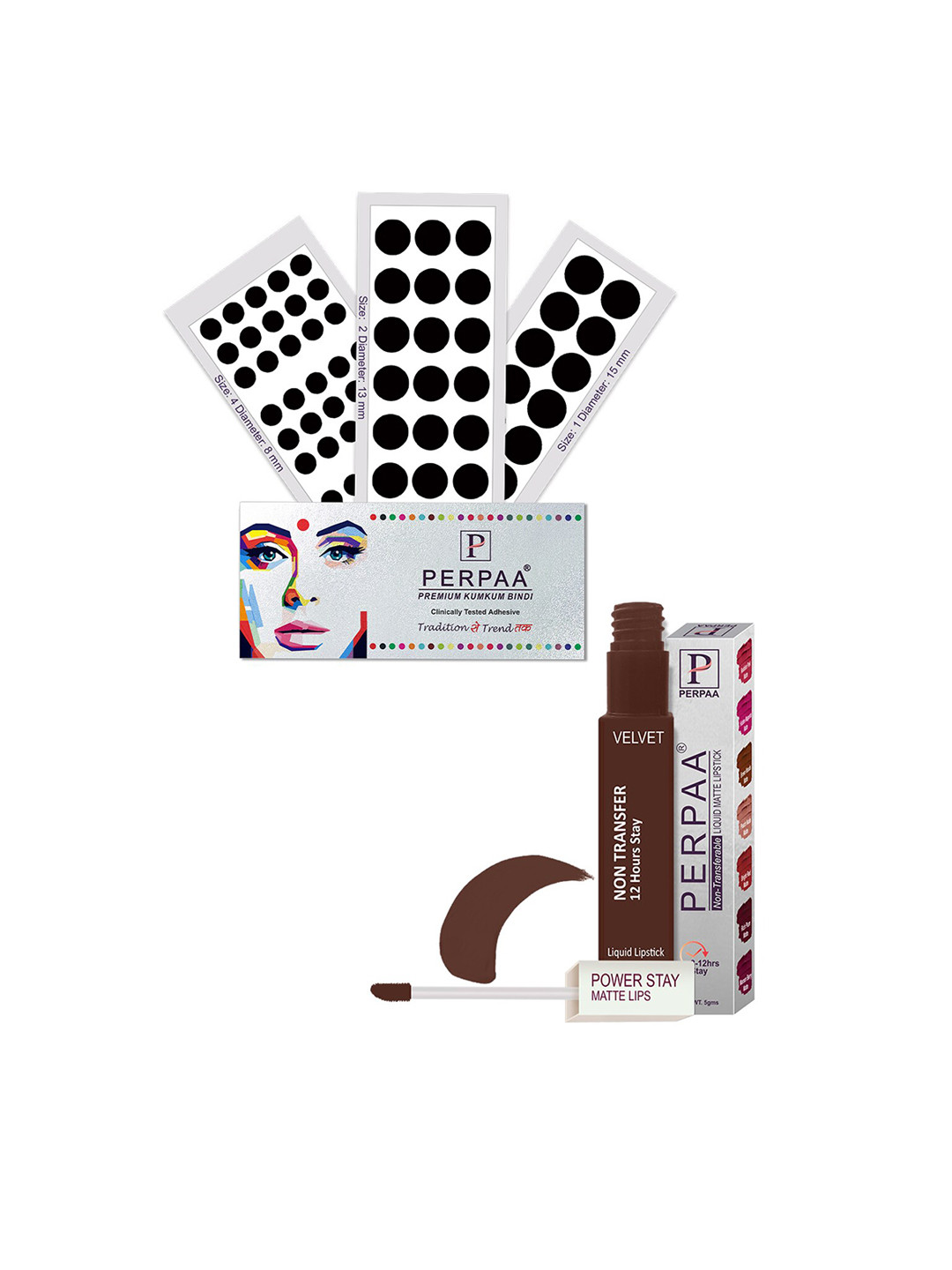 PERPAA Power Stay Liquid Lipstick - 16 with 3 Premium Black Bindi Flaps - Size 01,02,04