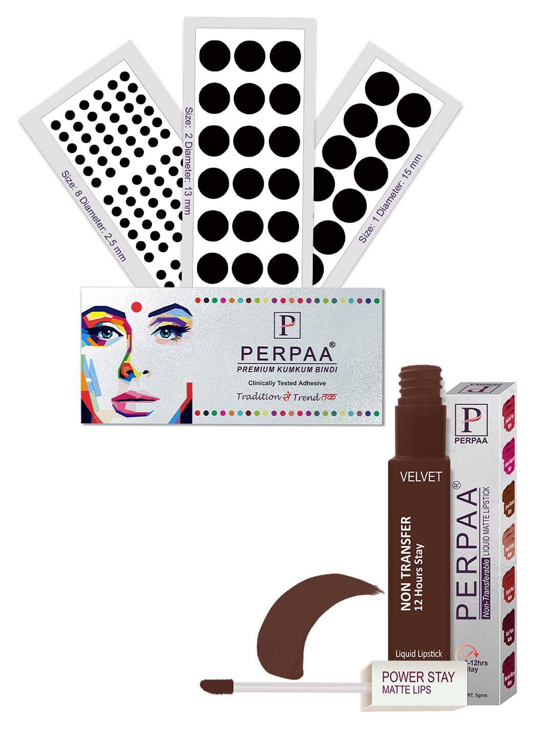 PERPAA Power Stay Liquid Lipstick - 16 with 3 Premium Black Bindi Flaps - Size 01,02,08