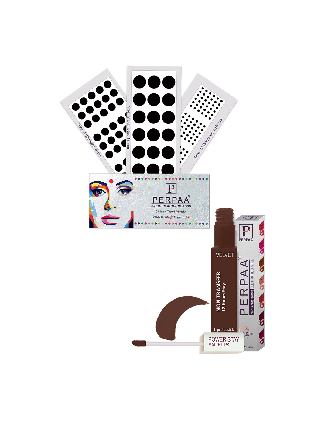 PERPAA Power Stay Liquid Lipstick - 16 with 3 Premium Black Bindi Flaps - Size 02,10,04
