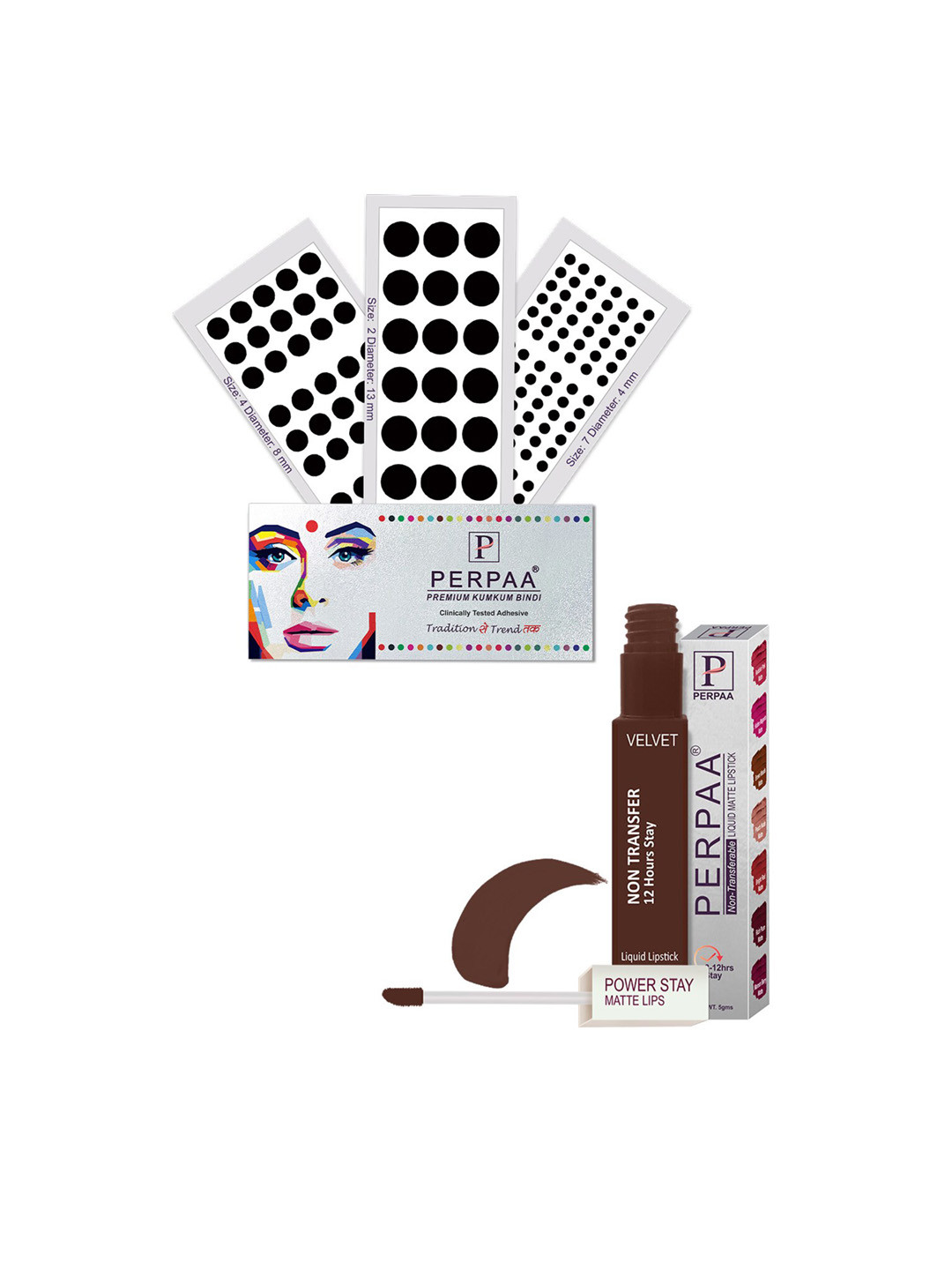 PERPAA Power Stay Liquid Lipstick - 16 with 3 Premium Black Bindi Flaps - Size 02,07,04
