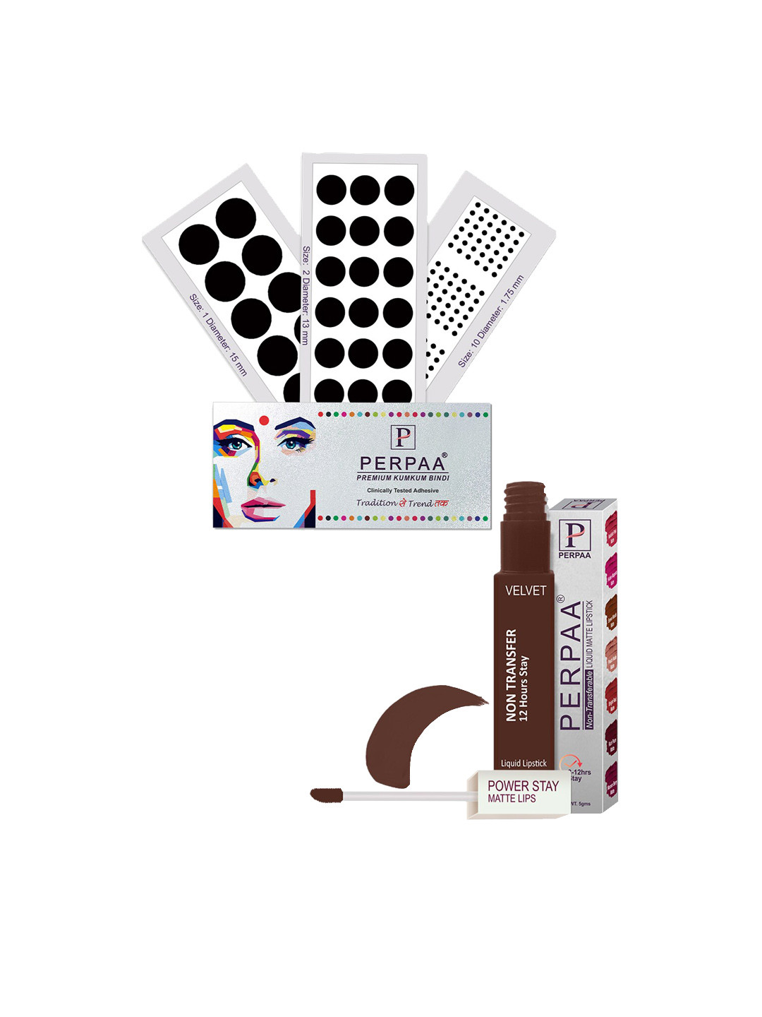 PERPAA Premium Set Of 4 Black Bindi Flaps & Power Stay Non Transfer Lipstick - PS16