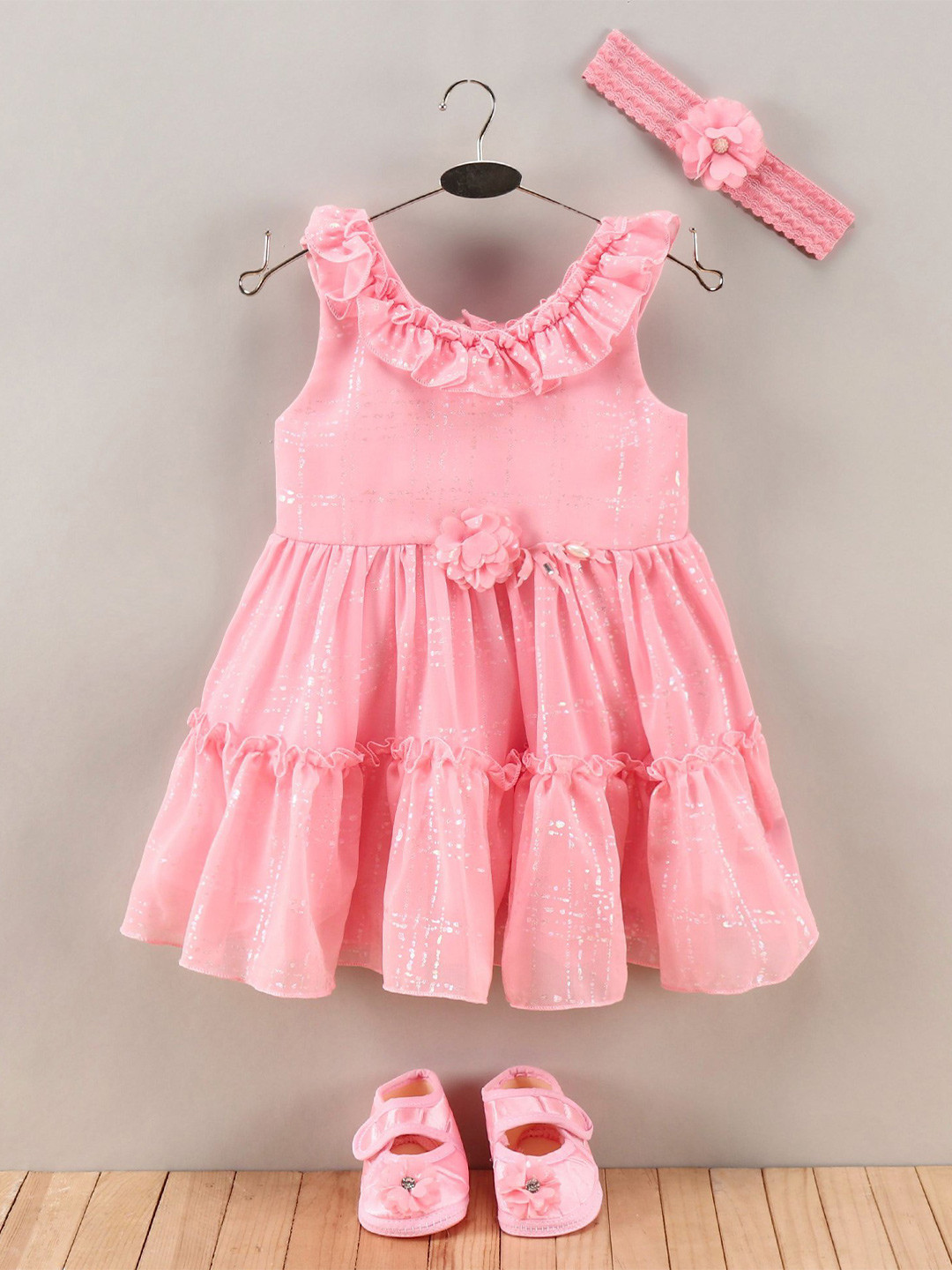 Enfance Girls Self Design Ruffled Tiered Fit & Flare Dress with Hairband & Shoes