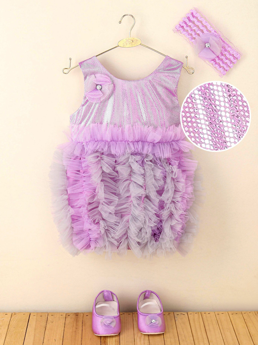 Enfance Girls Self Design Ruffled Net Fit & Flare Dress With Hairband & Shoes