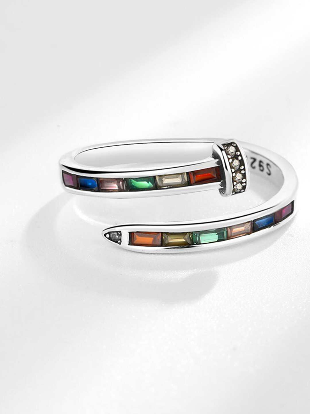 MYKI Silver-Plated CZ-Studded Adjustable Nail Finger Ring