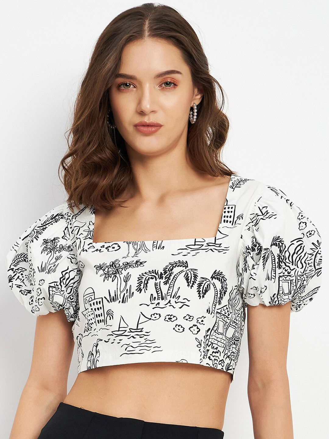 DELAN Conversational Printed Puff Sleeve Cotton Crop Top