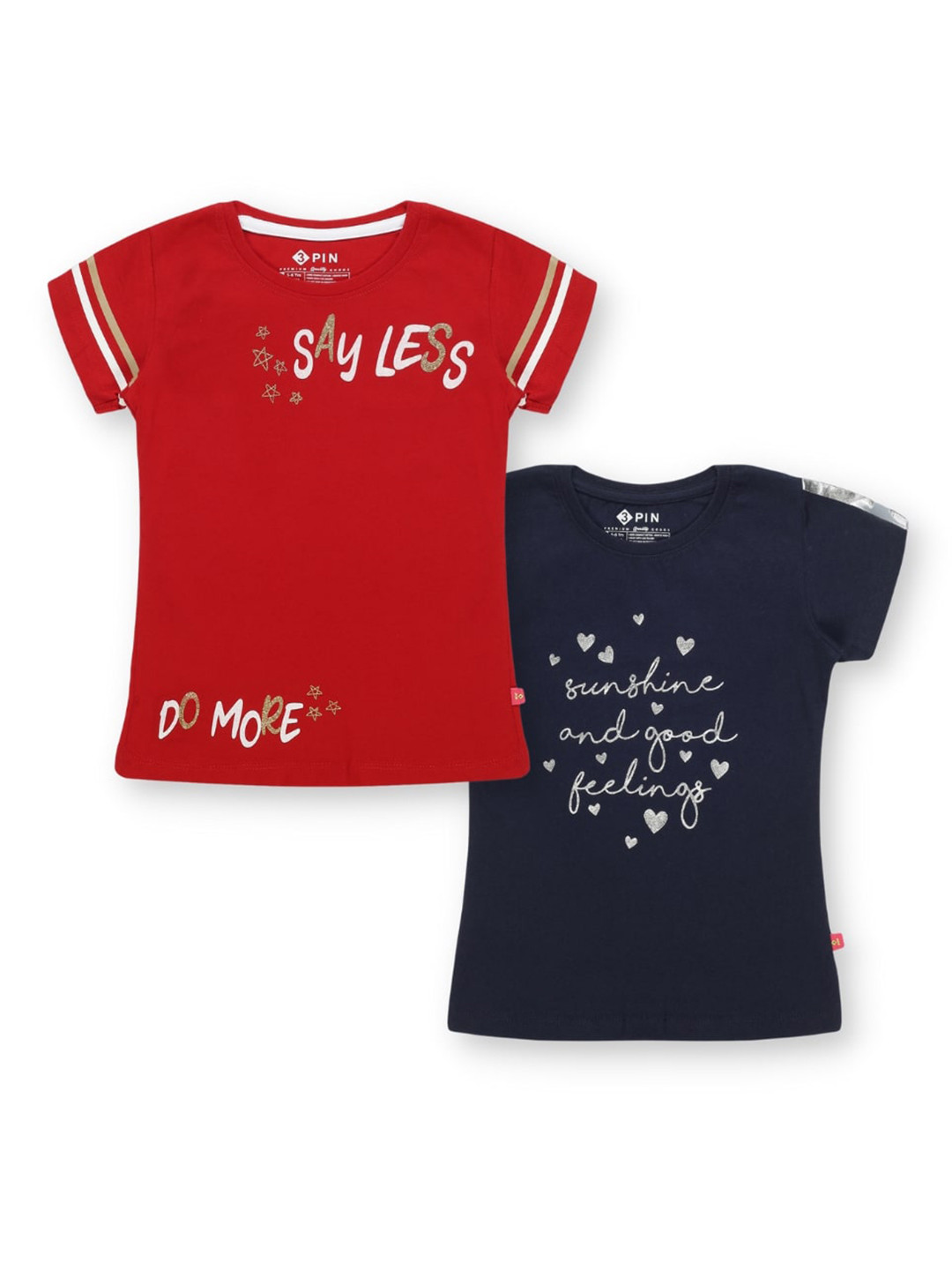 3PIN Girls Pack Of 2 Typography Printed Pure Cotton T-shirt