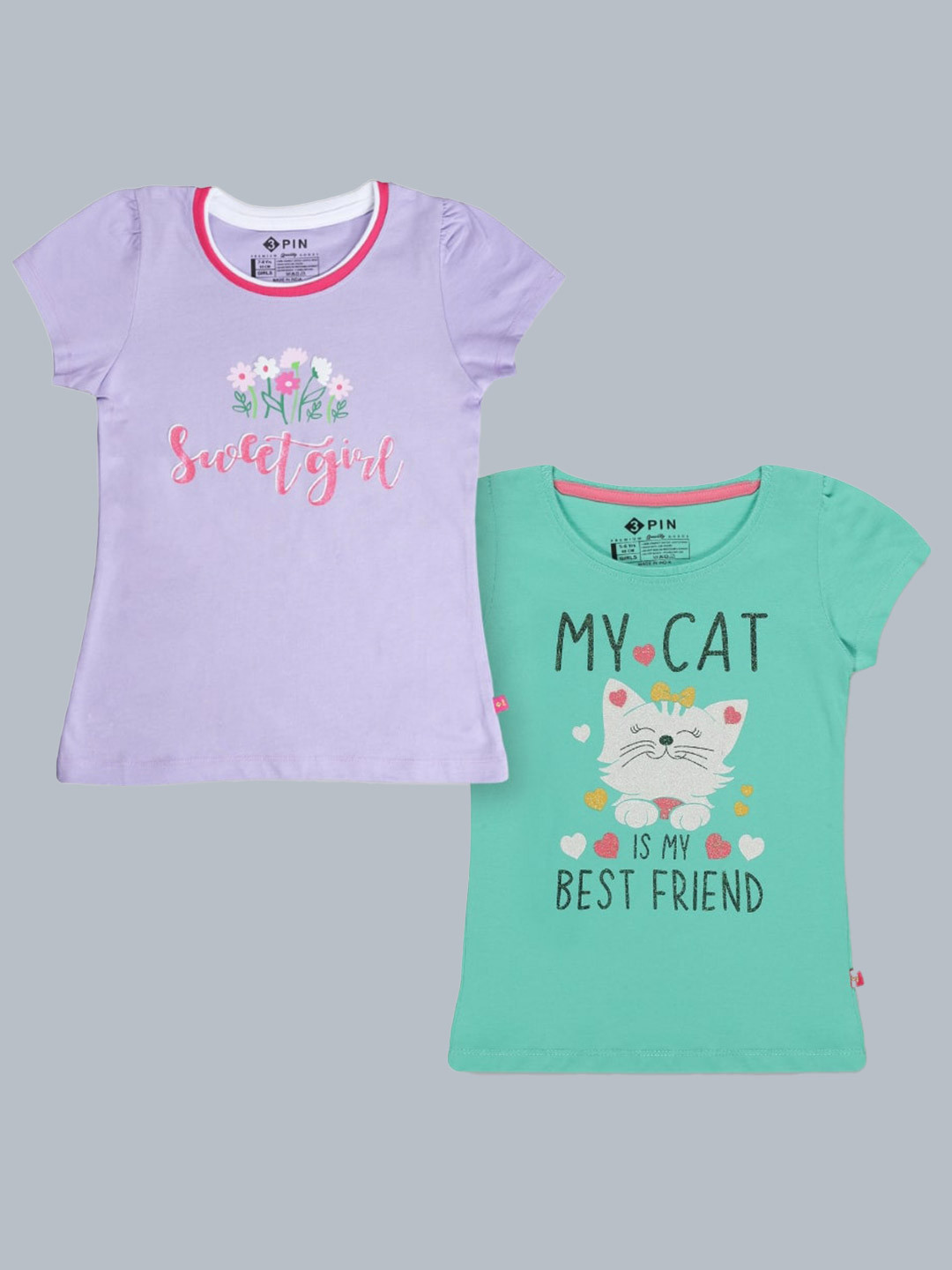 3PIN Girls Pack Of 2 Graphic Printed Pure Cotton T-shirt