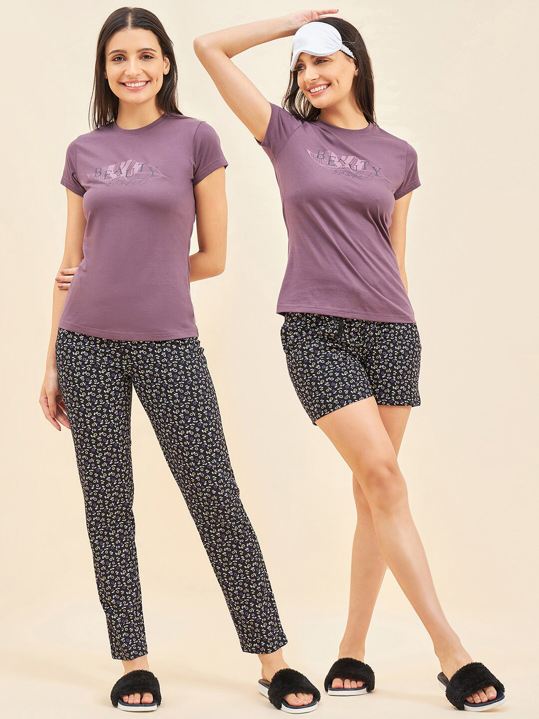 Sweet Dreams Purple Printed Pure Cotton 3 Piece Night Suit Set