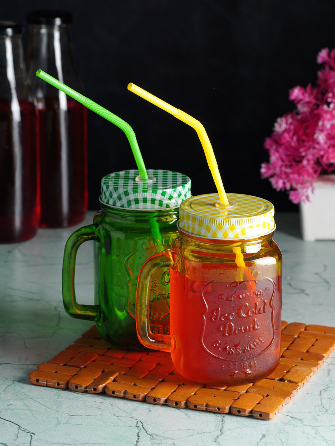 ceradeco Yellow & Green 2 Pieces Mason Jar Set With Straws 350ml Each