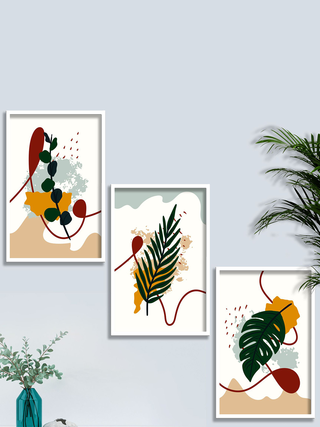 SAF 3 Pieces White & Green Modern Boho Painting Wall Arts