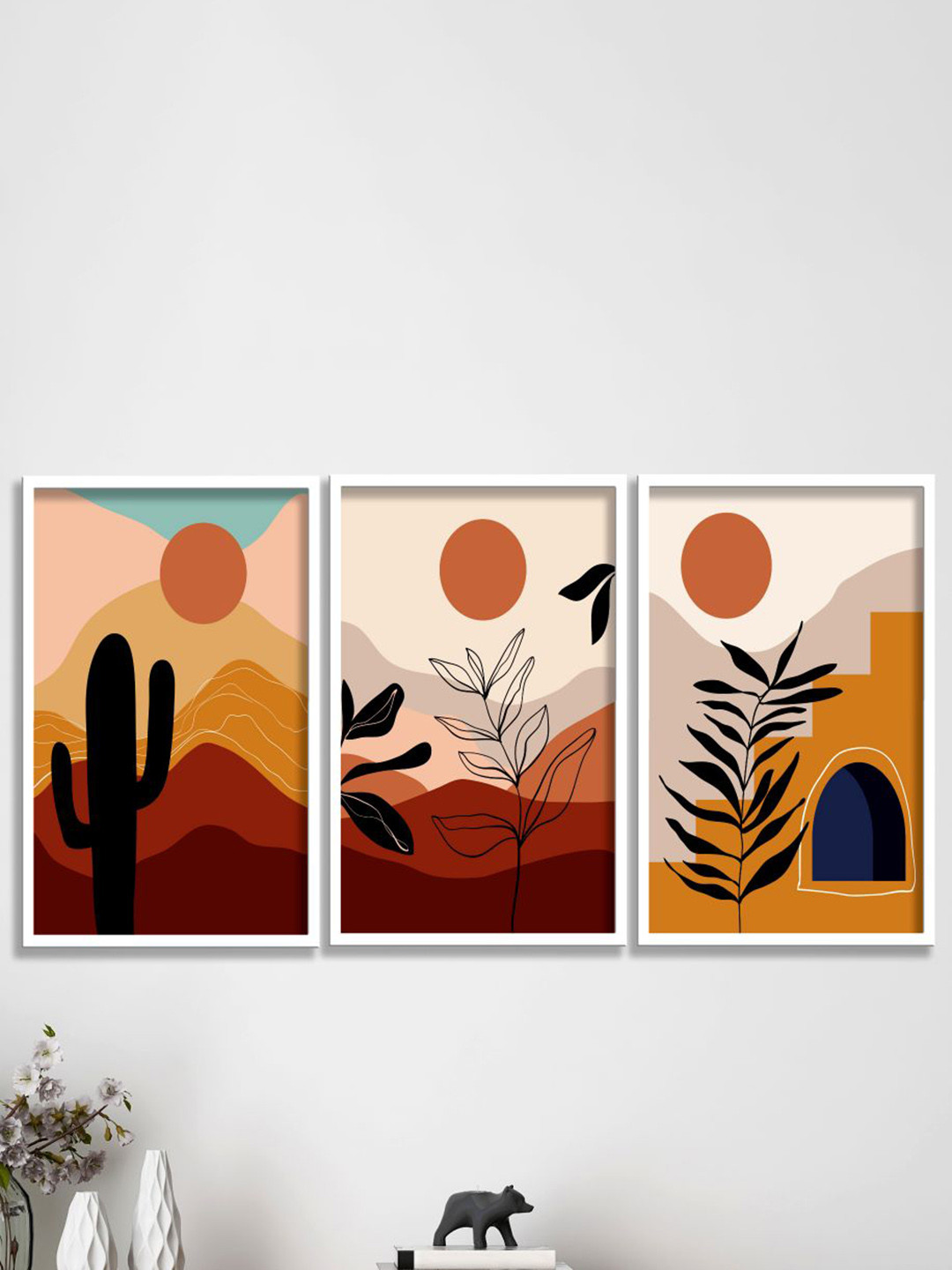 SAF 3-Pcs Brown & Cream-Coloured Modern Boho Painting Framed Wall Art