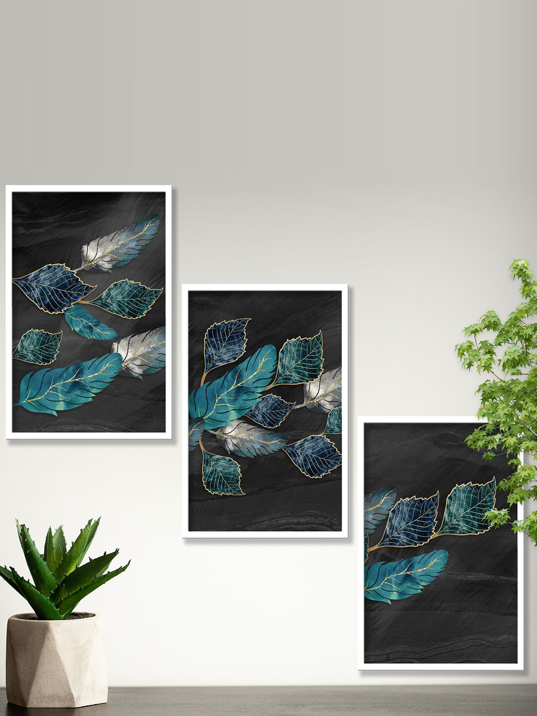SAF Black & Teal 3 Pieces Modern Boho Art Painting Framed Wall Art