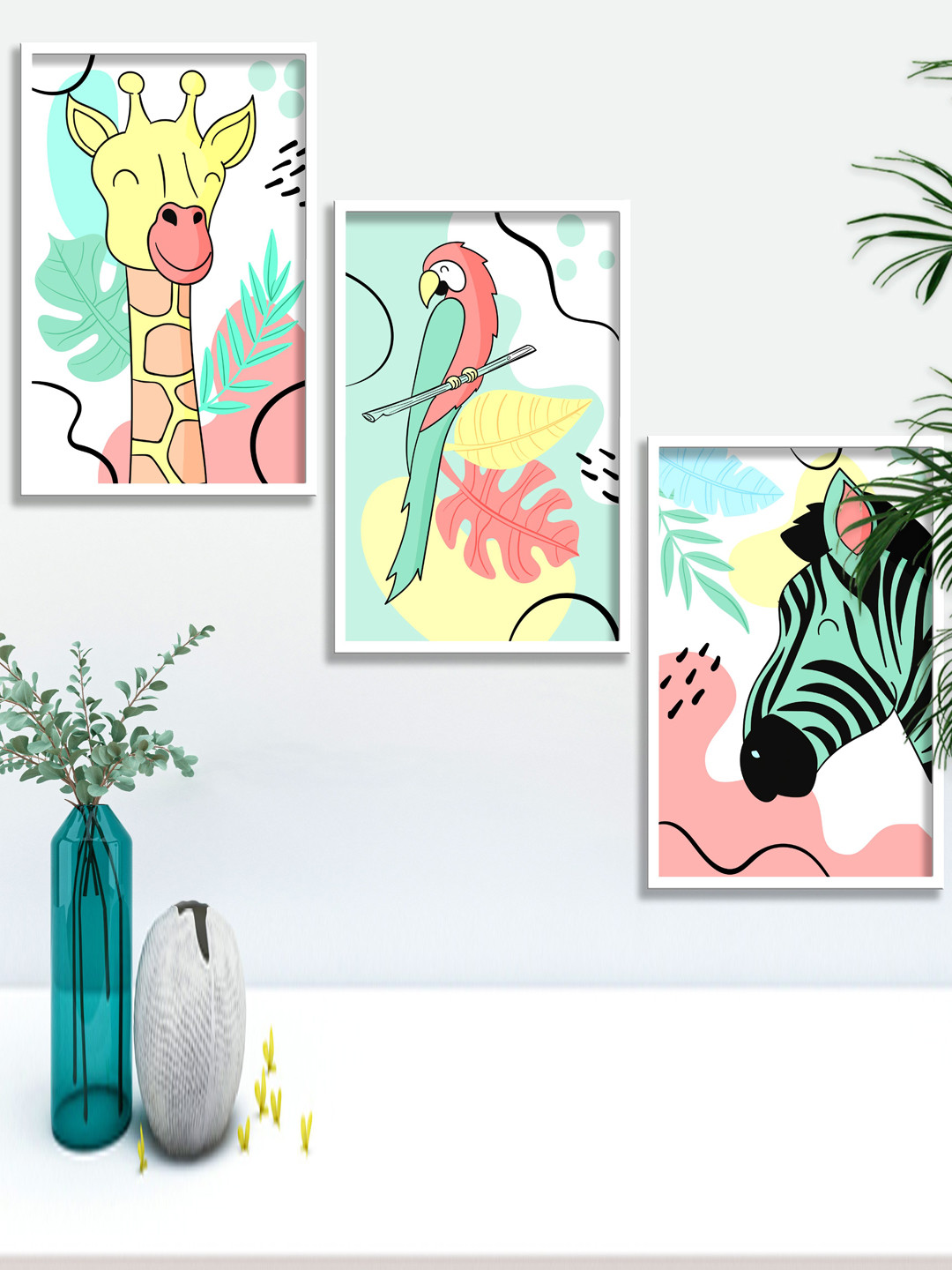 SAF Turquoise Blue Wood 3 Pcs Wall Living Room Rectangle Paintings Wall Art -13.5 x 10.5In