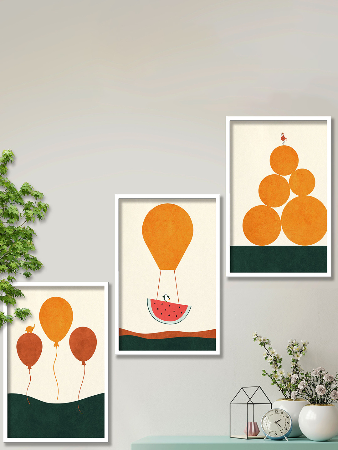 SAF Cream Wood 3 Pcs Wall Living Room Rectangle Potrait Paintings Wall Art -13.5 x 10.5In