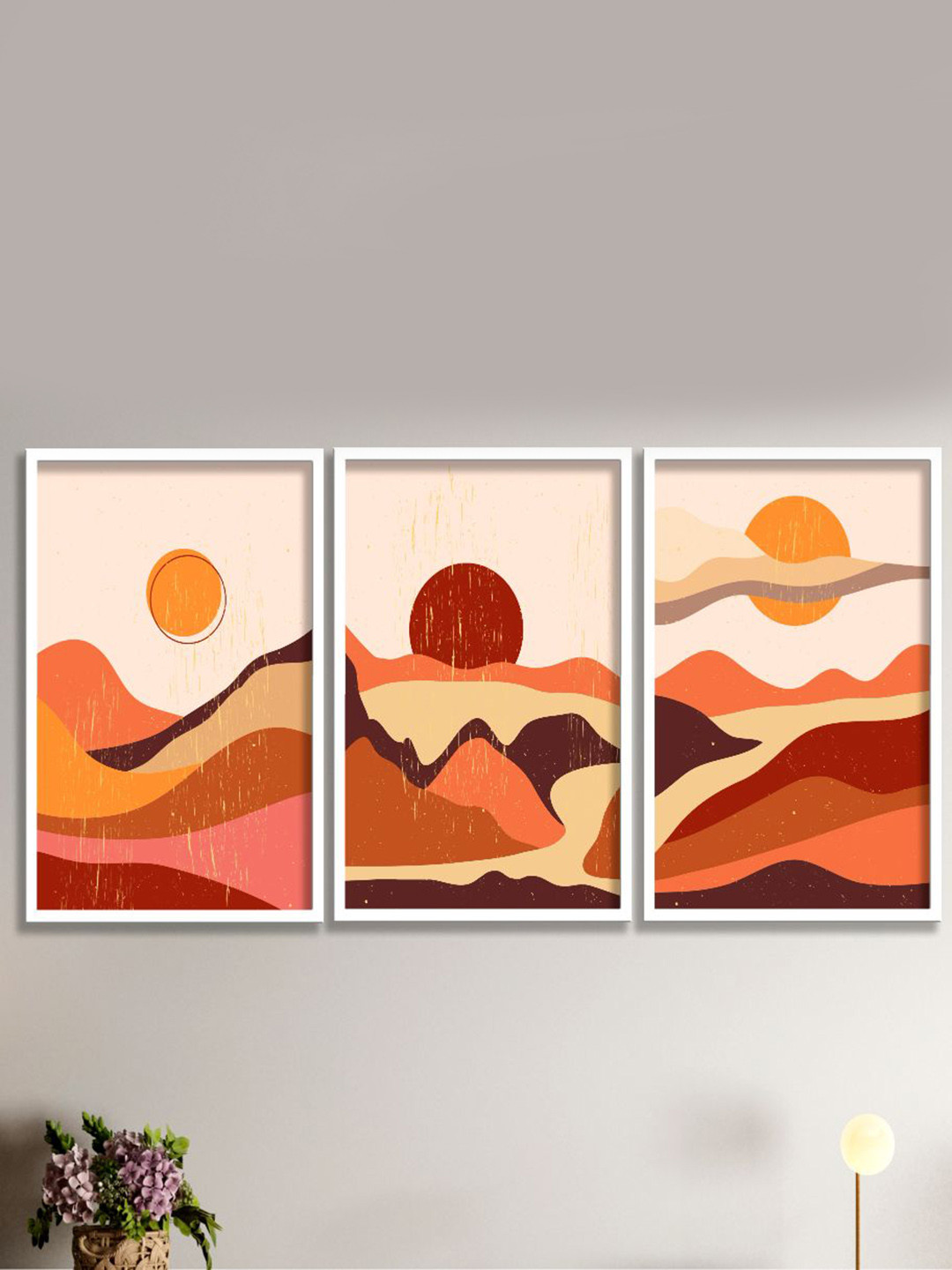 SAF Orange & Maroon 3 Pieces Modern Boho Art Painting Framed Wall Art