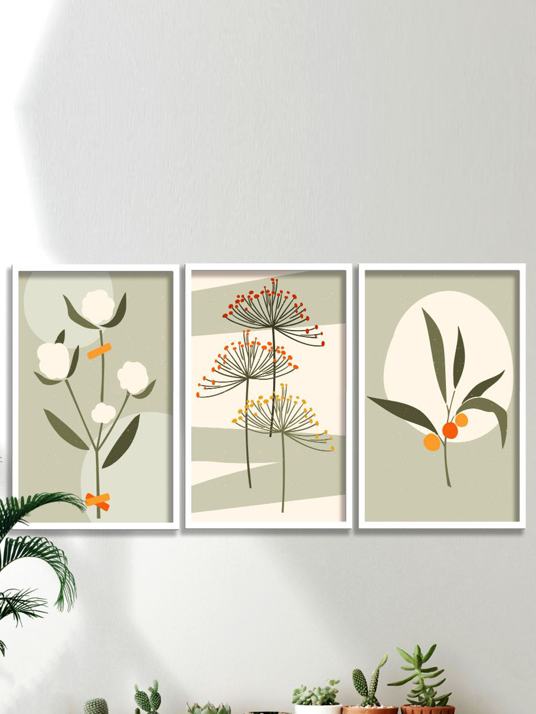 SAF 3-Pcs Green & White Modern Boho Painting Framed Wall Art