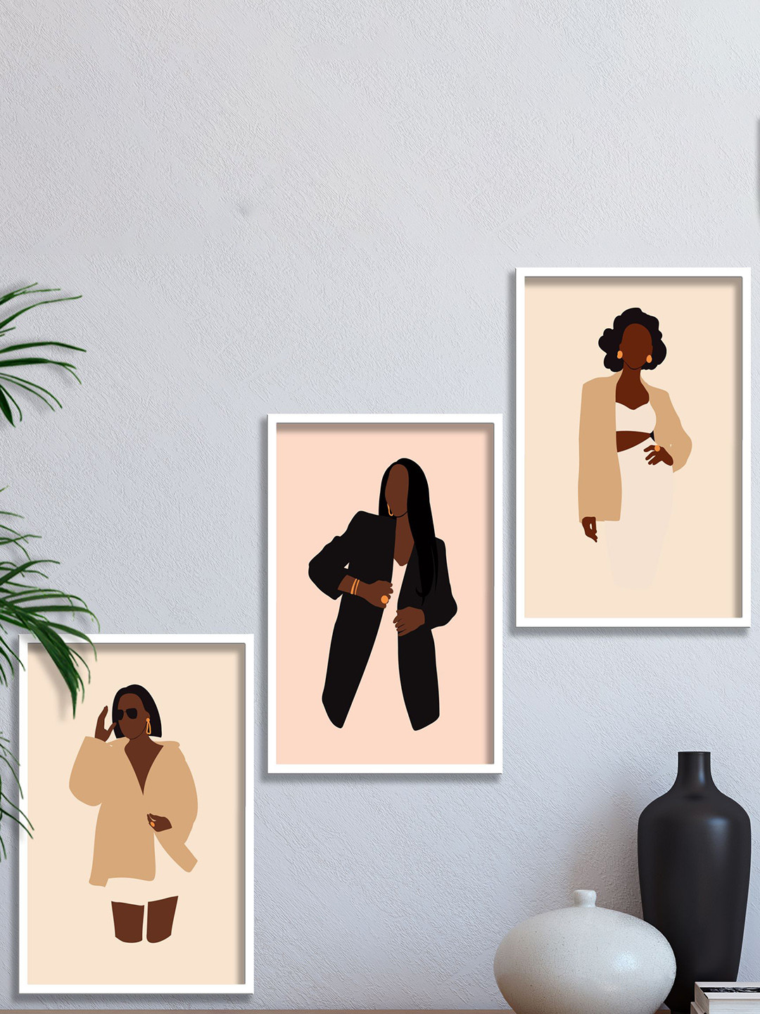 SAF 3 Pieces White & Cream-Colored Modern Boho Painting Wall Arts