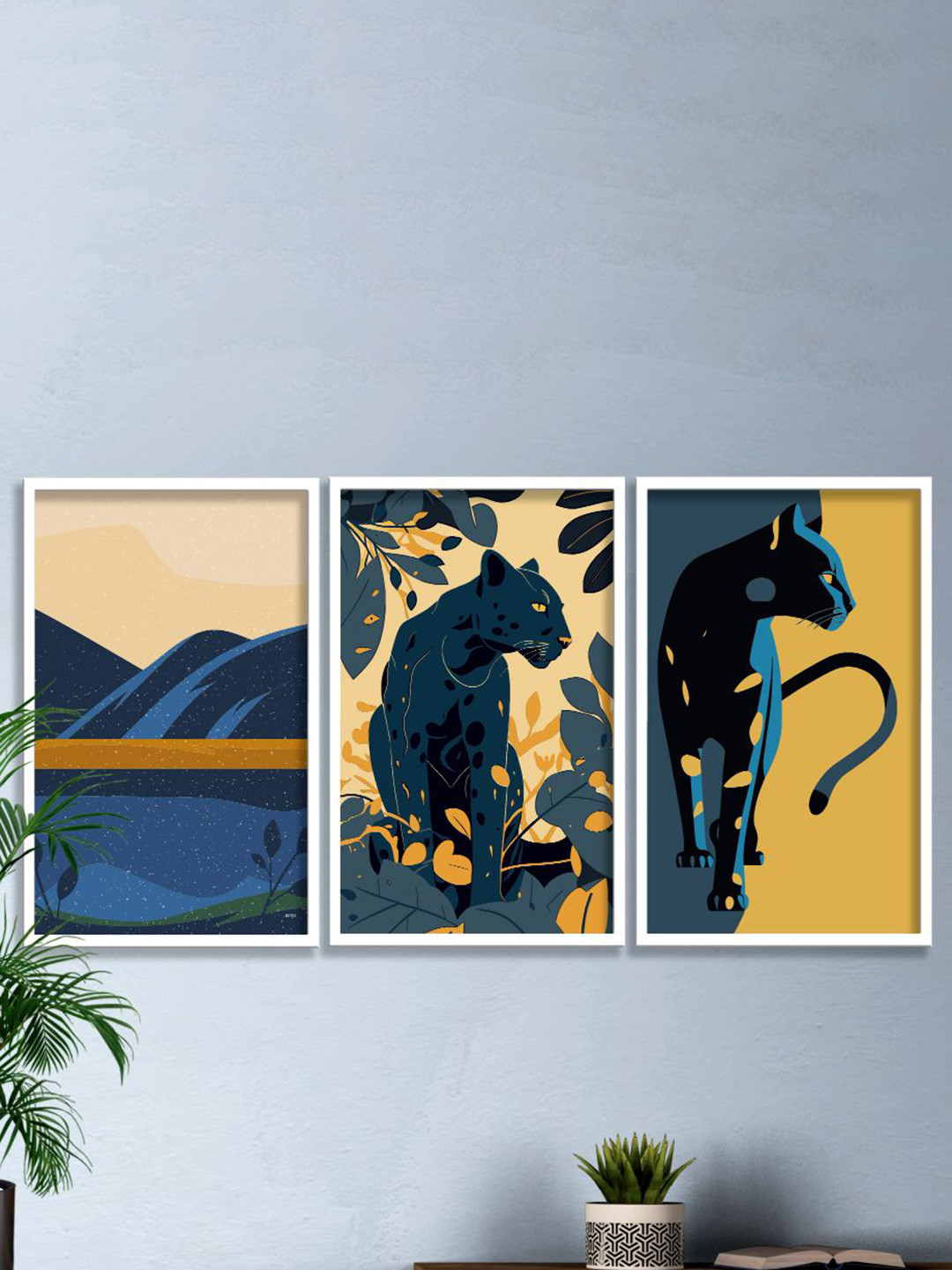 SAF Blue & Mustard-Yellow 3-Pieces Modern Boho Art Printed Framed Wall Art