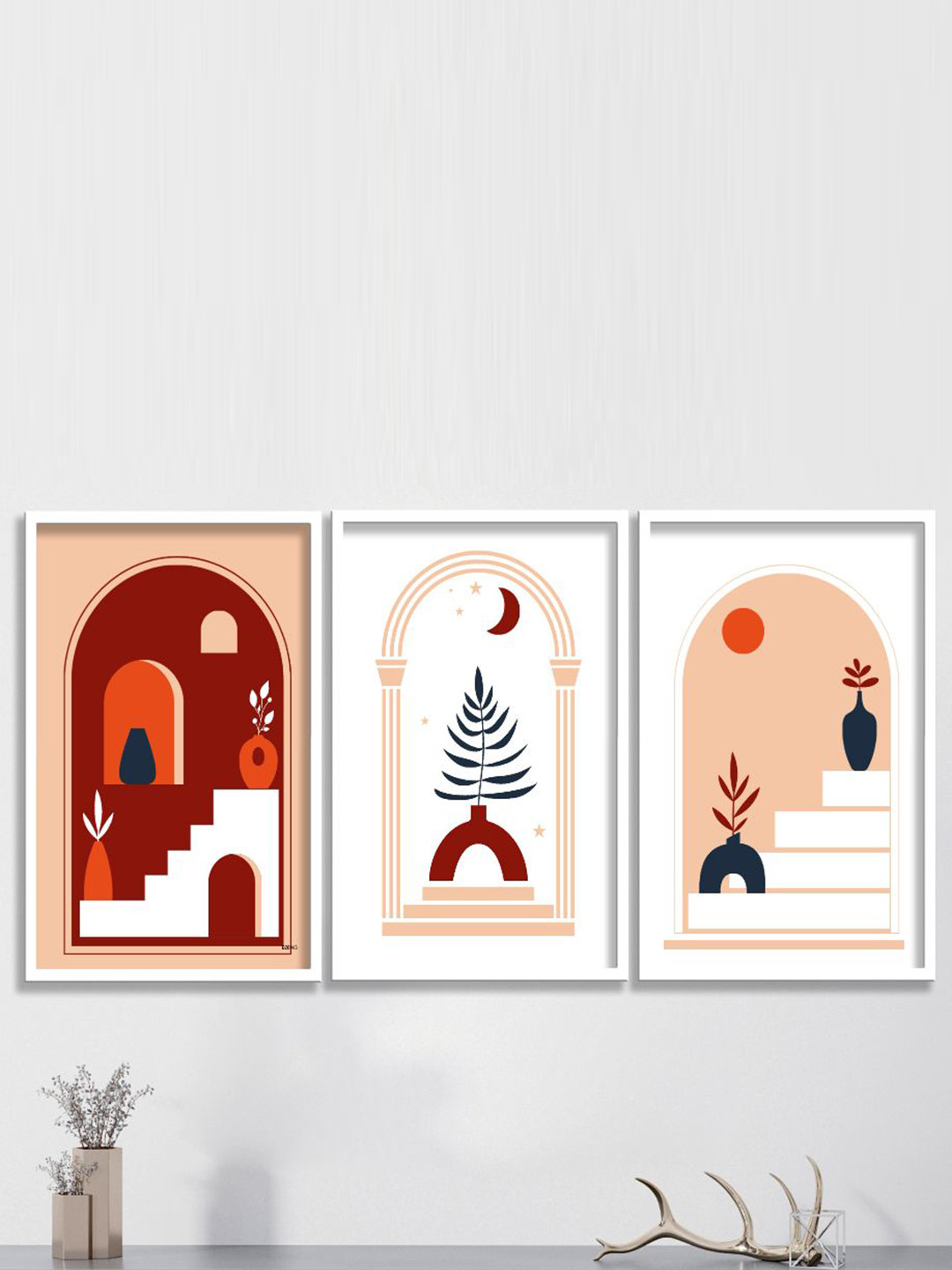 SAF White & Rust 3 Pieces Modern Boho Matte Finish Wall Art