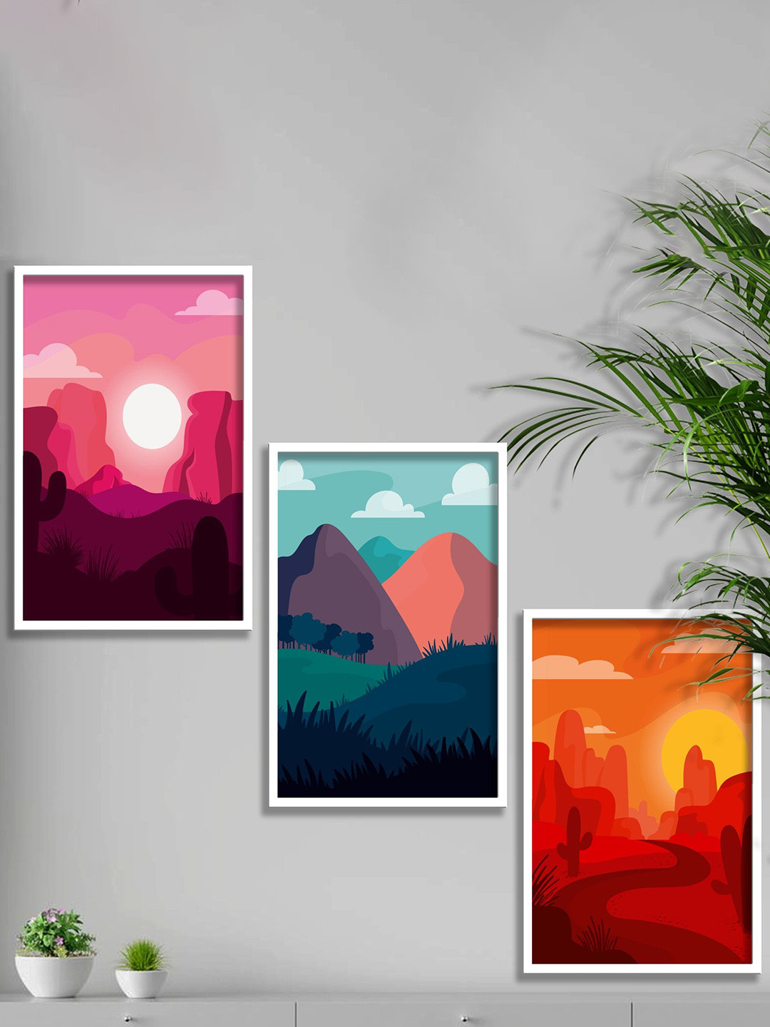 SAF Pink & Orange 3 Pieces Modern Boho Landscape Printed Matte Finish Wall Art