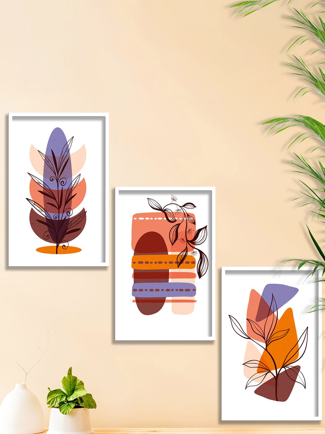 SAF Red & Violet 3 Pieces Modern Boho Framed Wall Art