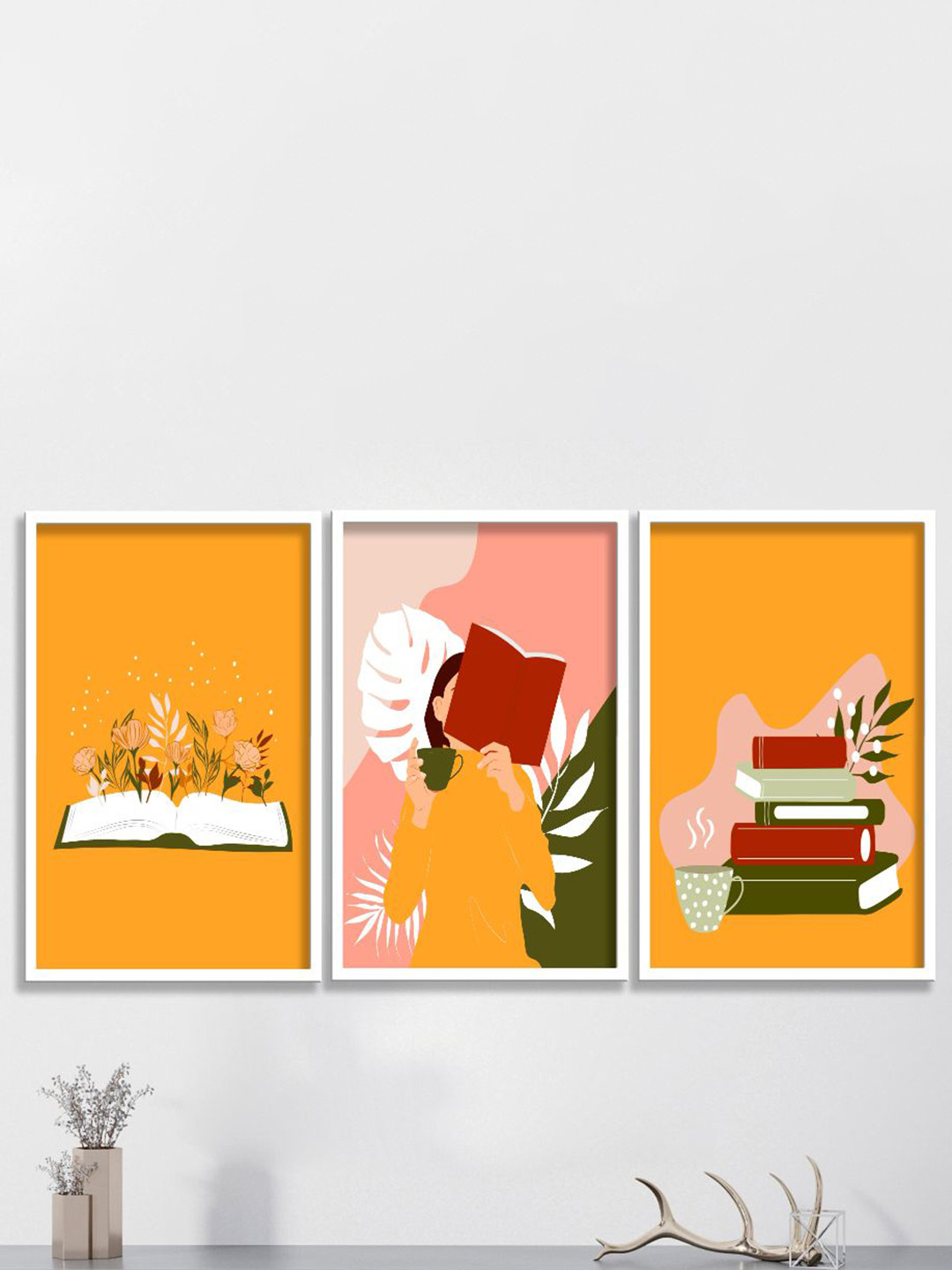 SAF White & Mustard Yellow 3 Pieces Modern Boho Painting Wall Art