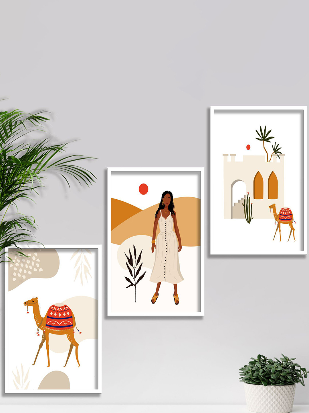 SAF Beige & White 3 Pieces Modern Boho Printed Matte Finish Wall Art