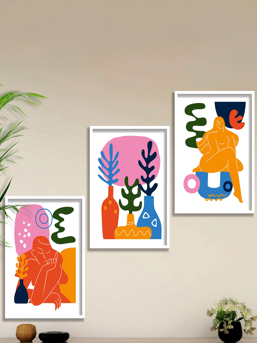 SAF White & Orange 3-Pieces Modern Boho Art Printed Framed Wall Art