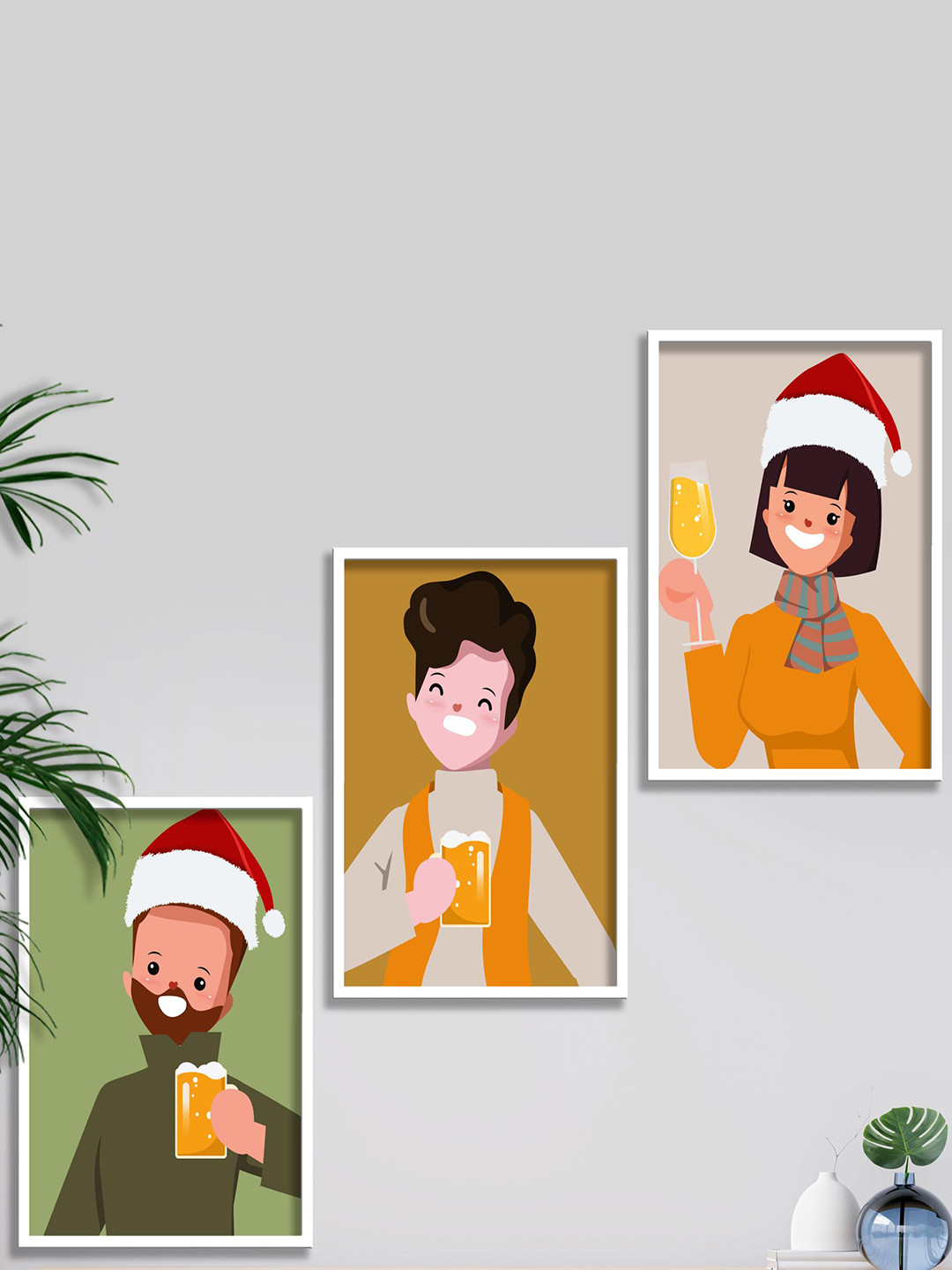 SAF Green & Orange-Color 3 Pieces Printed Framed Wall Art