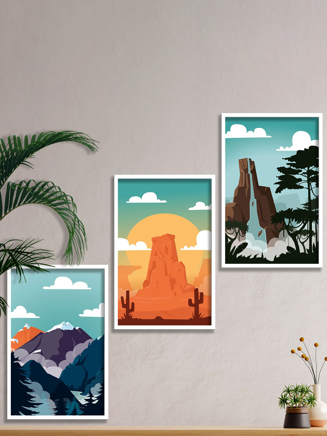 SAF Boho Canvas 3 Piece Wall Rectangle Paintings Wall Art -31.5 x 13.5 In