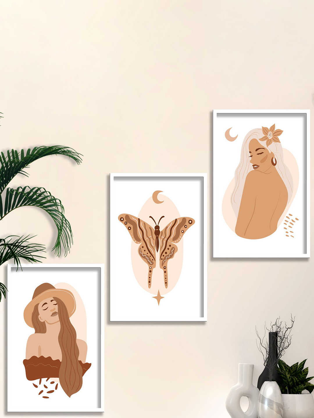 SAF White & Orange 3 Pieces Printed Boho Wall Art