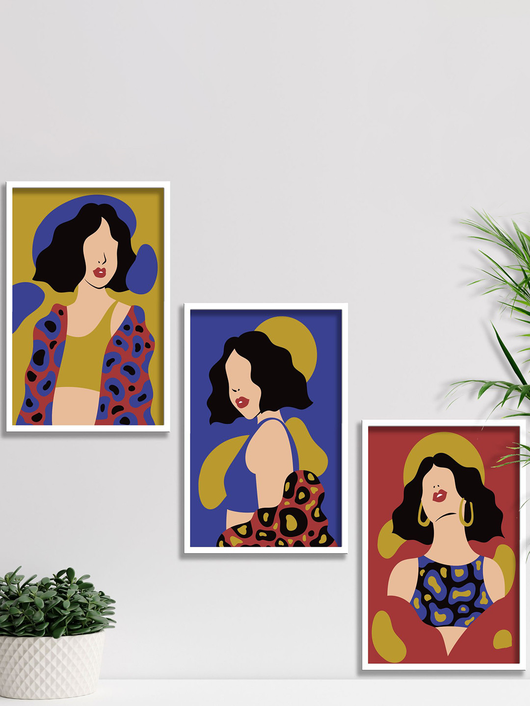 SAF 3-Pcs Blue & Green Modern Boho Painting Framed Wall Art