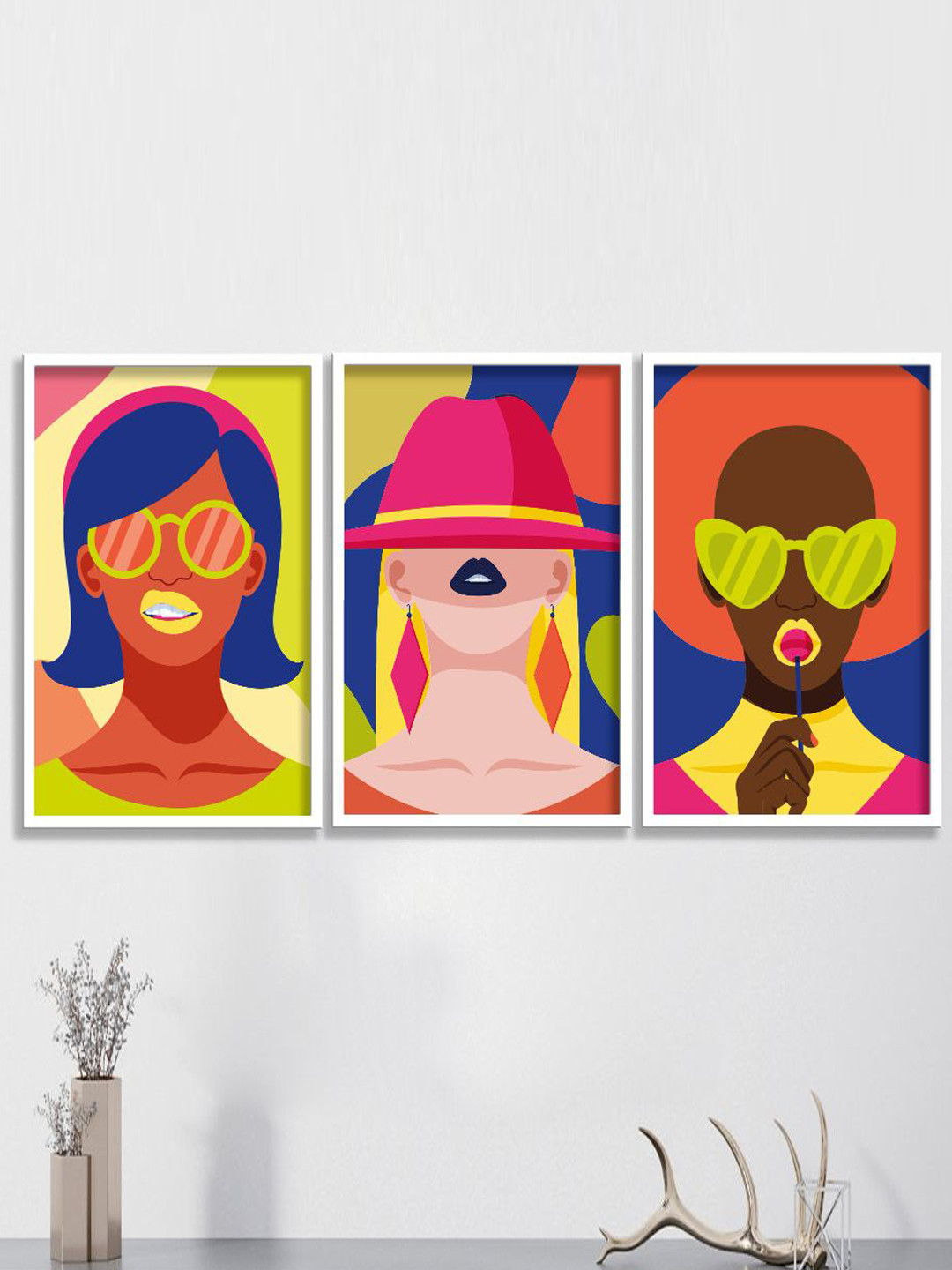 SAF 3-Pcs Blue and Red Modern Boho Framed Wall Art