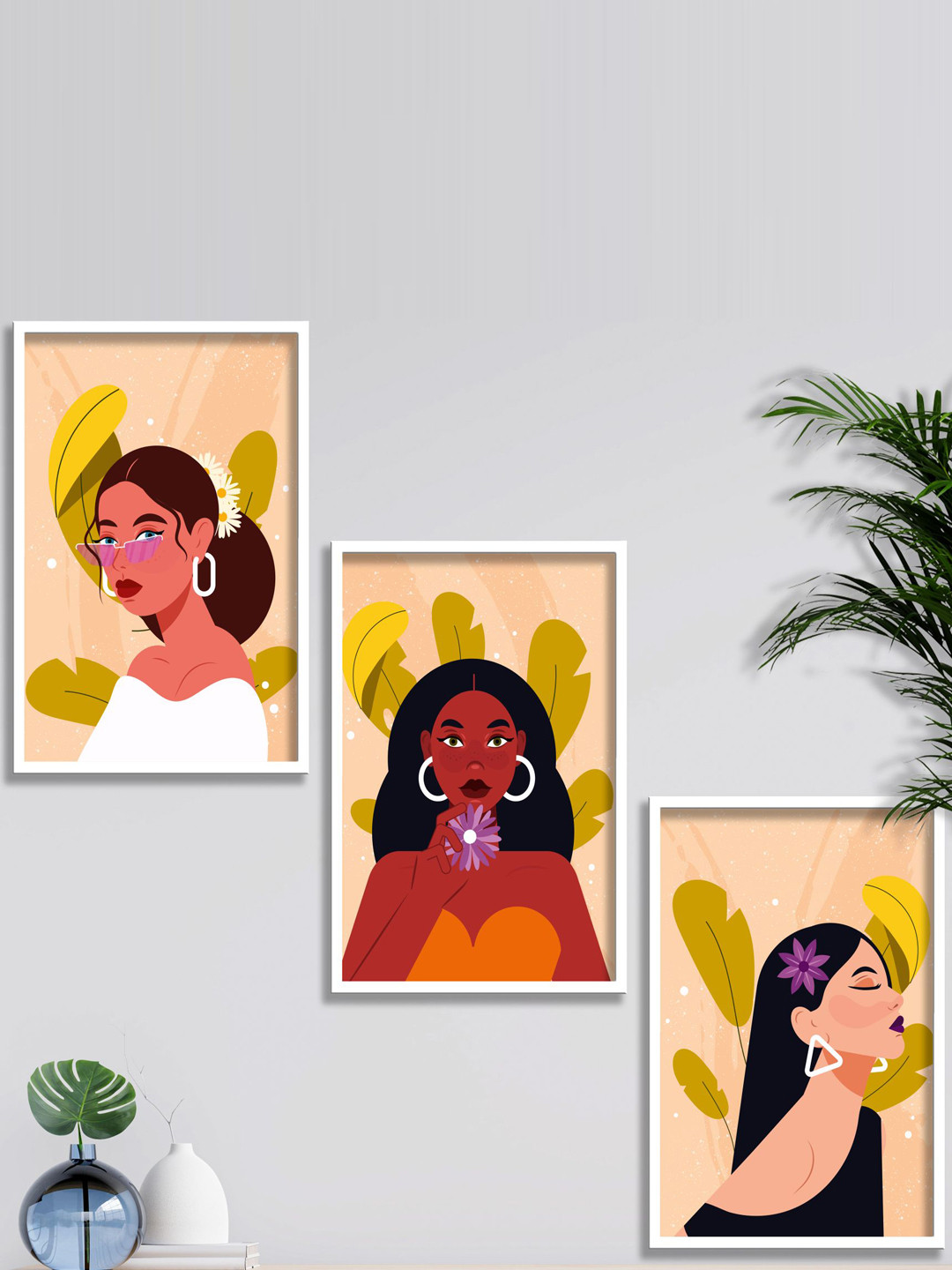 SAF Peach Wood 3 Pcs Wall Living Room Rectangle Potrait Paintings Wall Art -10.5 x 13.5In