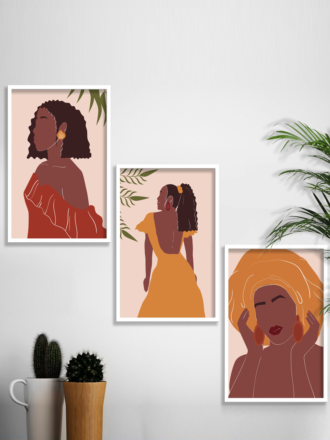 SAF Mustard & Brown 3 Pieces Modern Boho Art Painting Framed Wall Art